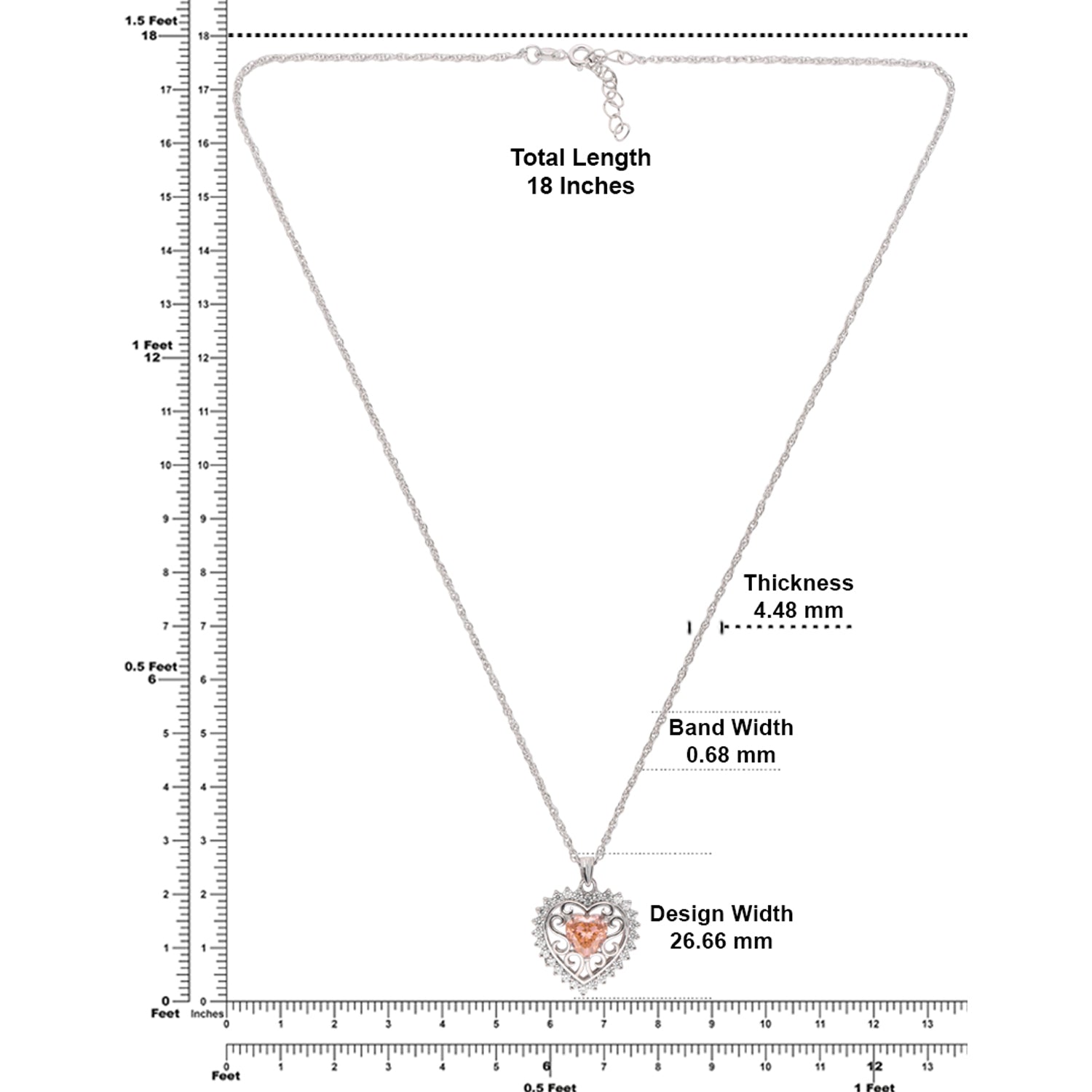 Sterling Silver Peach CZ Heart Filigree Pendant with Chain | SKU: 0005757237, 0005757275