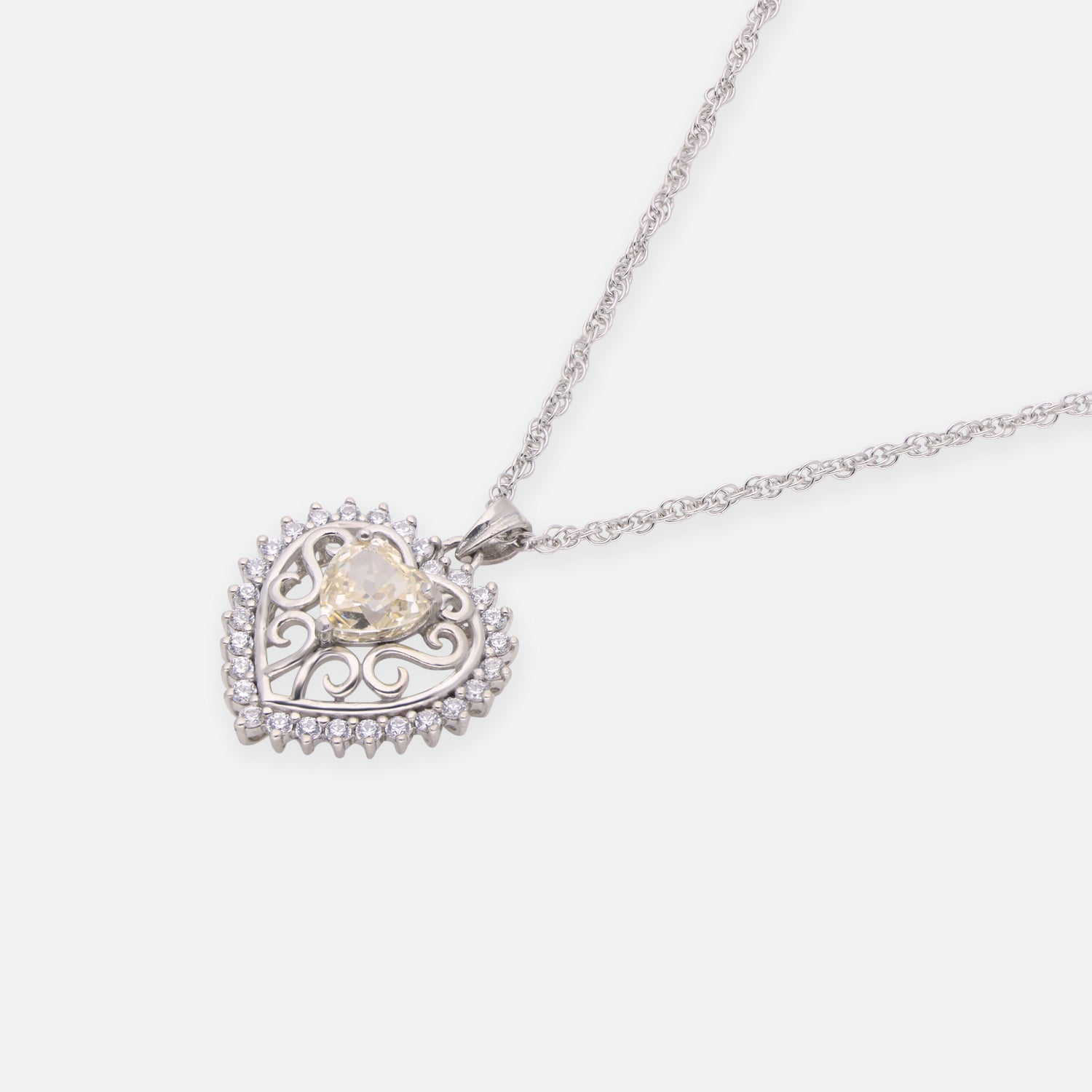 Elegant Sterling Silver Heart Pendant Chain with Cubic Zirconia Halo & Filigree Detailing | SKU: 0005757282, 0005757244