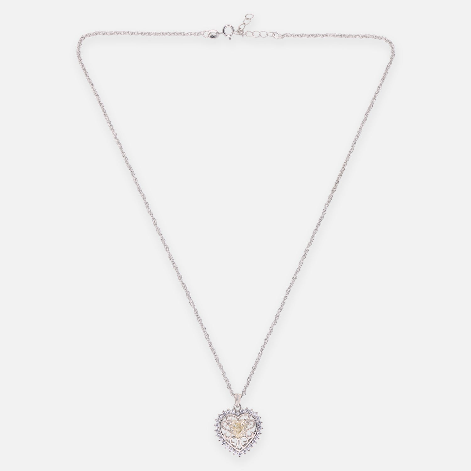 Elegant Sterling Silver Heart Pendant Chain with Cubic Zirconia Halo & Filigree Detailing | SKU: 0005757282, 0005757244