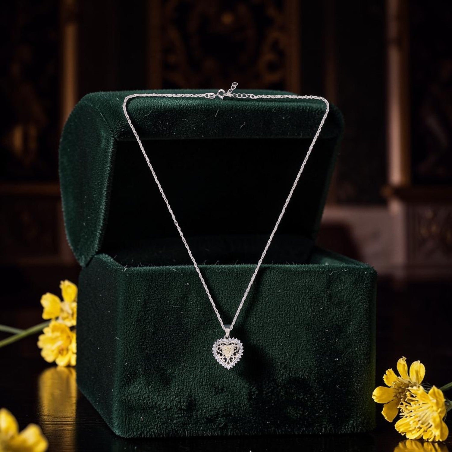Elegant Sterling Silver Heart Pendant Chain with Cubic Zirconia Halo & Filigree Detailing | SKU: 0005757282, 0005757244