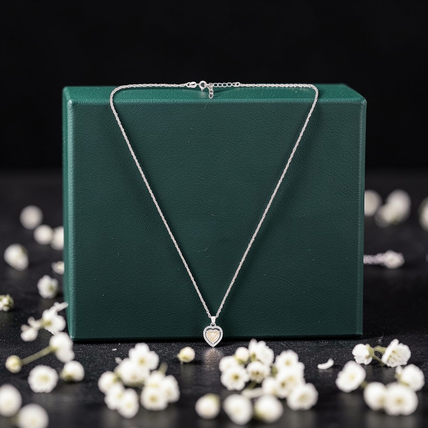 Sterling Silver Yellow CZ Double Halo Heart Pendant with Chain | SKU: 0005757350, 0005757497, 0005749973