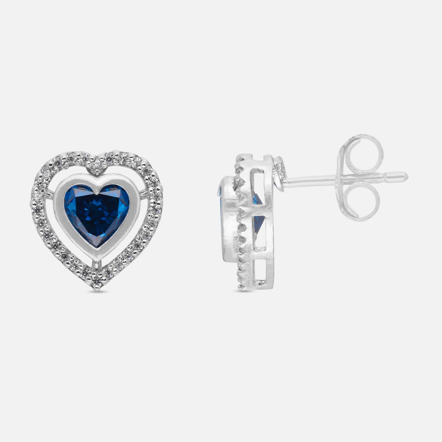 Sterling Silver Blue Heart Cubic Zirconia Halo Stud Earrings | SKU: 0005757404, 0005757428, 0022628367, 0005750047
