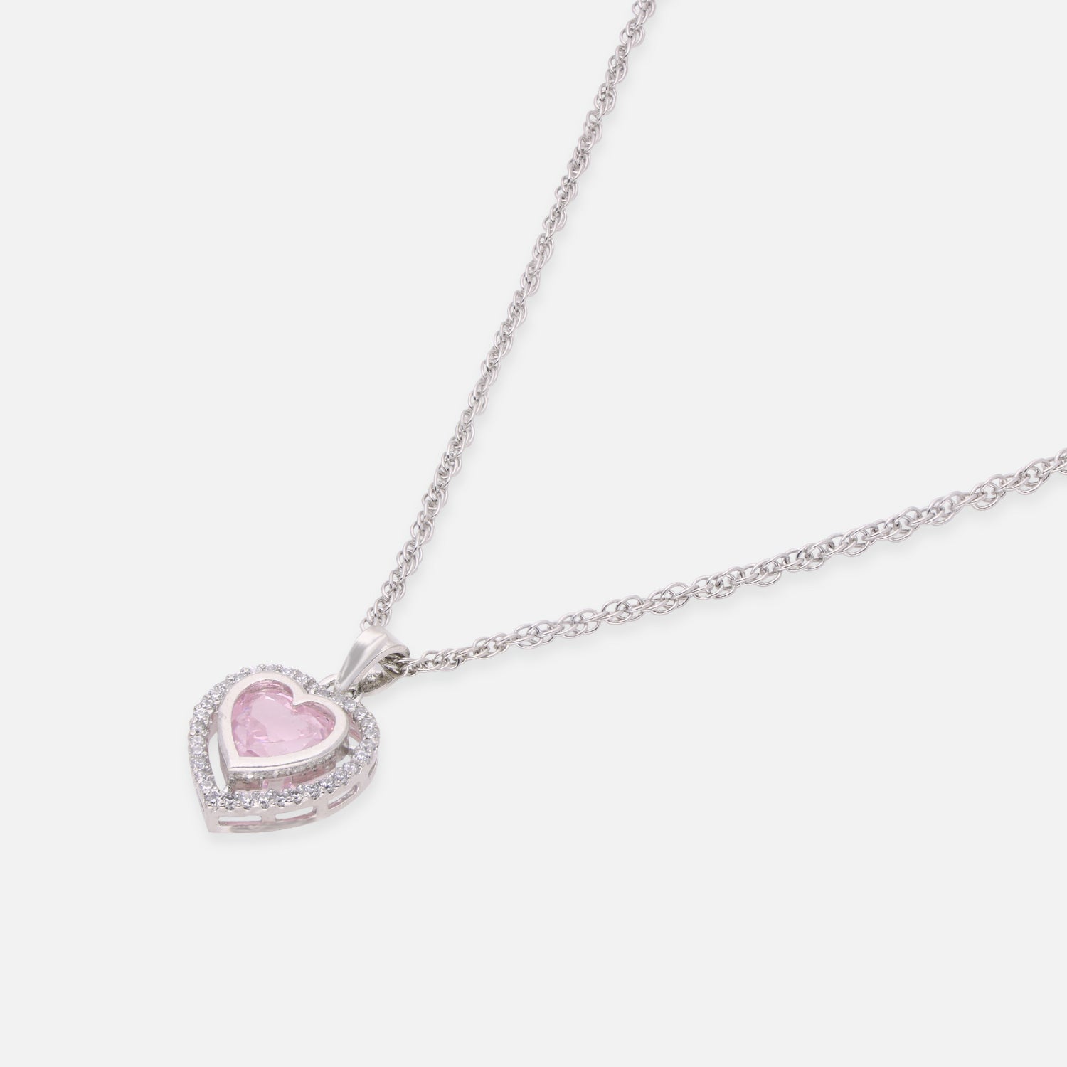 Sterling Silver Pink CZ Double Halo Heart Pendant with Chain | SKU: 0005757459, 0022628374, 0005749997