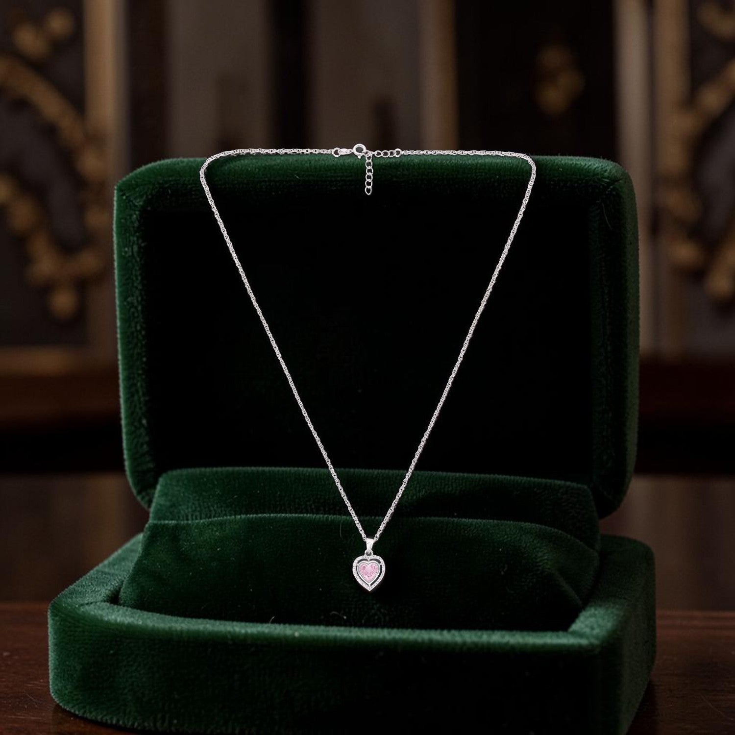 Sterling Silver Pink CZ Double Halo Heart Pendant with Chain | SKU: 0005757459, 0022628374, 0005749997