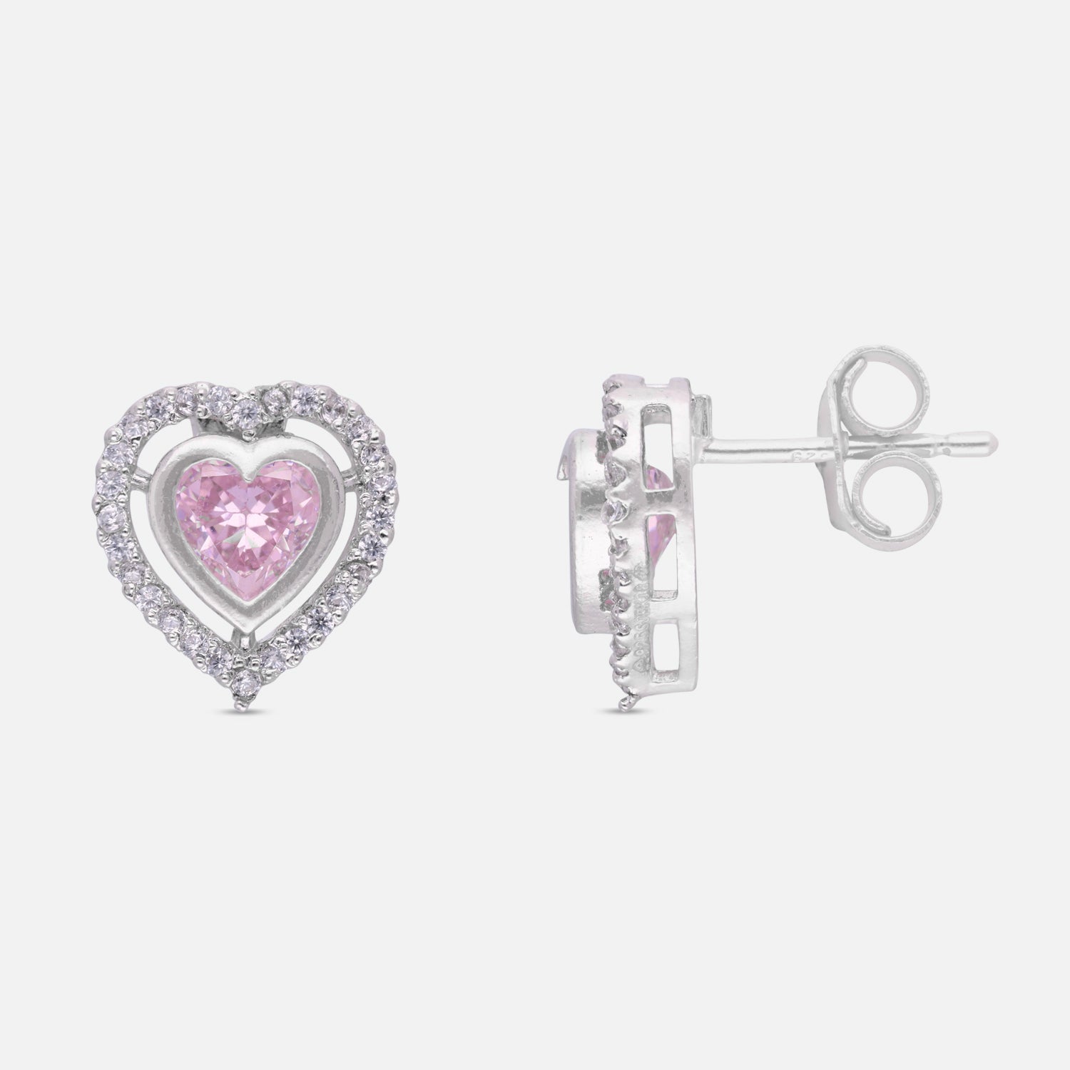 Sterling Silver Pink Heart Cubic Zirconia Halo Stud Earrings | SKU: 0005757466, 0022628381, 0005750009