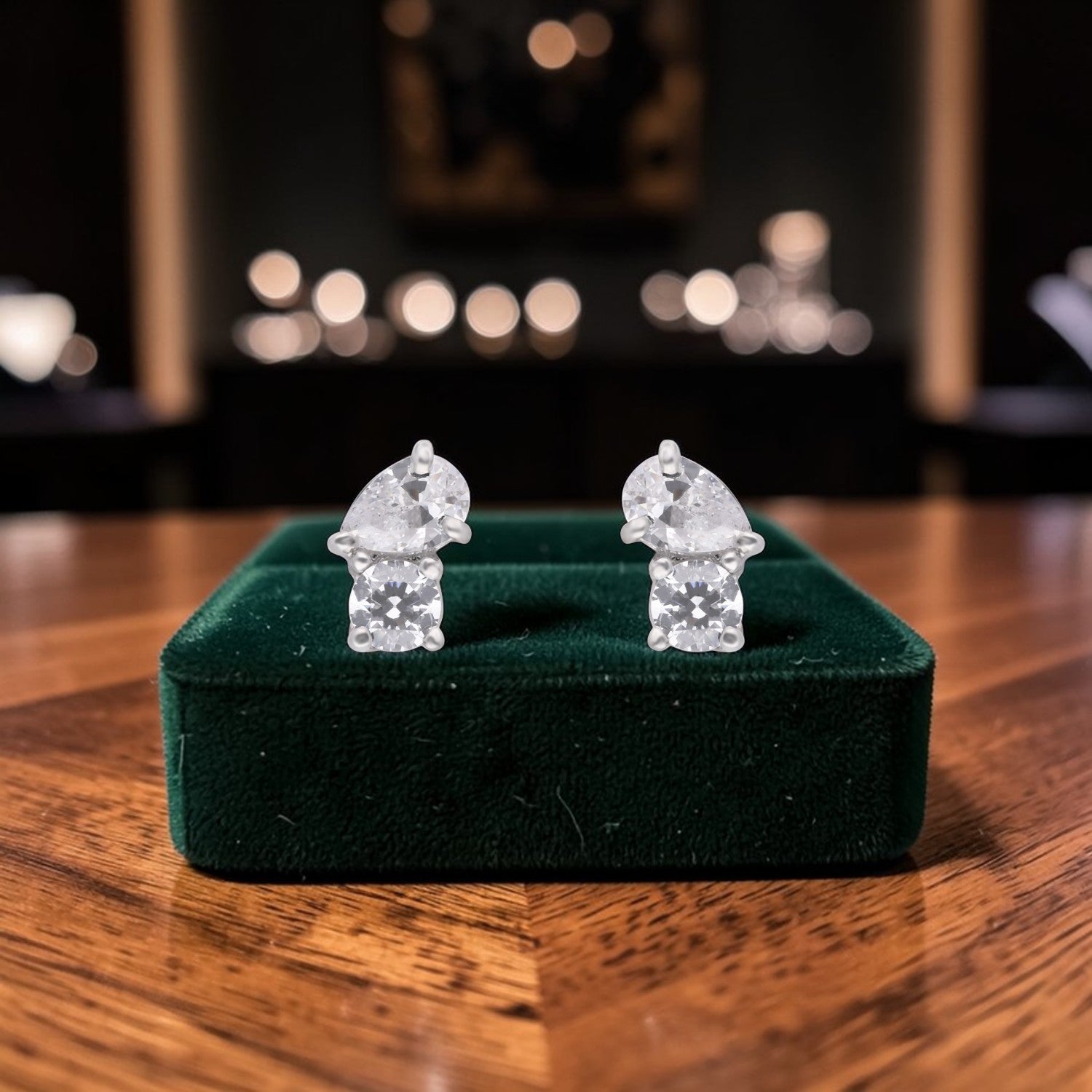 Pear & Round Duo Cubic Zirconia Stud Earrings in Sterling Silver | SKU: 0005757534, 0022628459, 0005750078