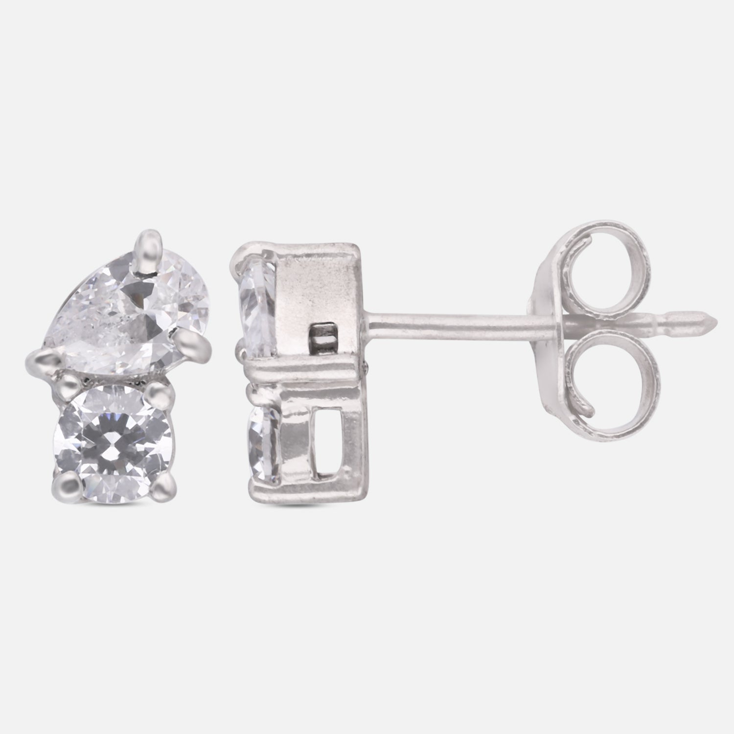 Pear & Round Duo Cubic Zirconia Stud Earrings in Sterling Silver | SKU: 0005757534, 0022628459, 0005750078