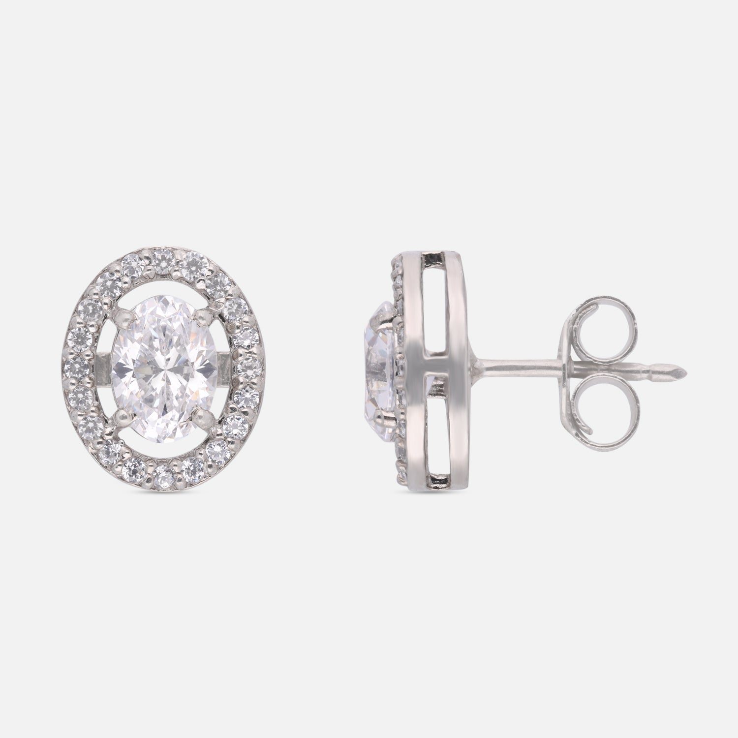 Sterling Silver Oval Cubic Zirconia Halo Stud Earrings | SKU: 0005757565
