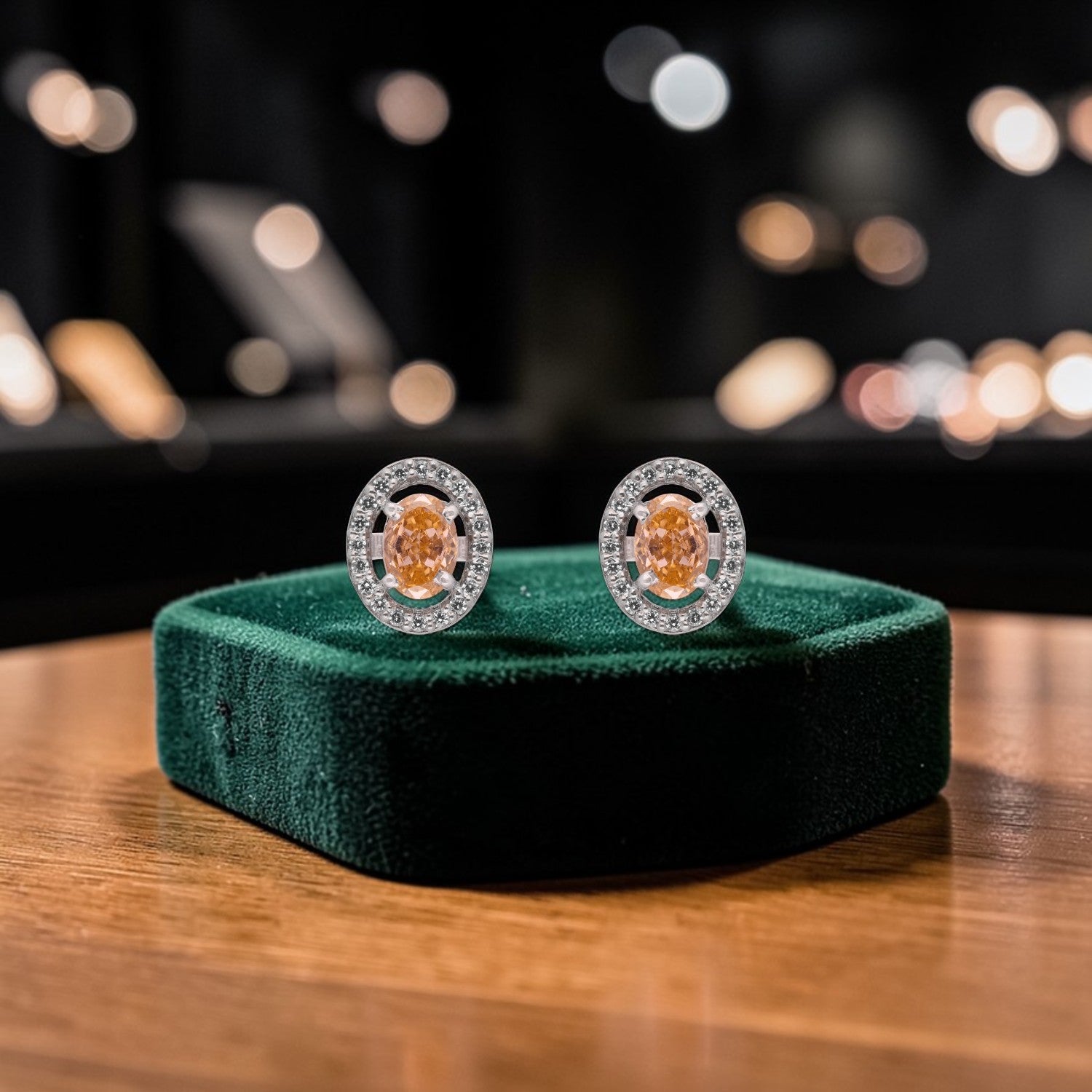 Peach Oval Halo Cubic Zirconia Stud Earrings in Sterling Silver | SKU: 0005757572