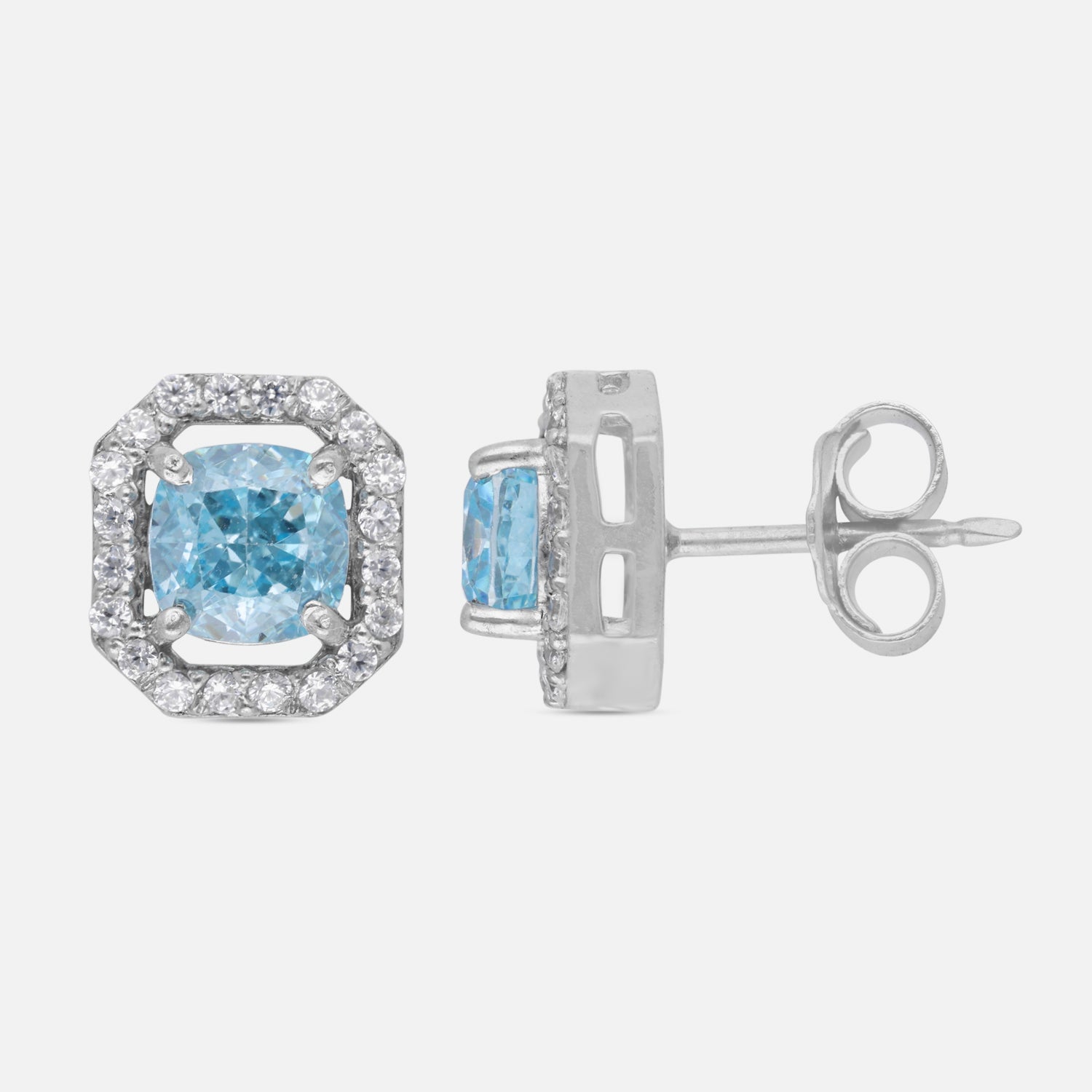 Sterling Silver Sky Blue Cushion-Cut Cubic Zirconia Halo Stud Earrings | SKU: 0005757596, 0005750108