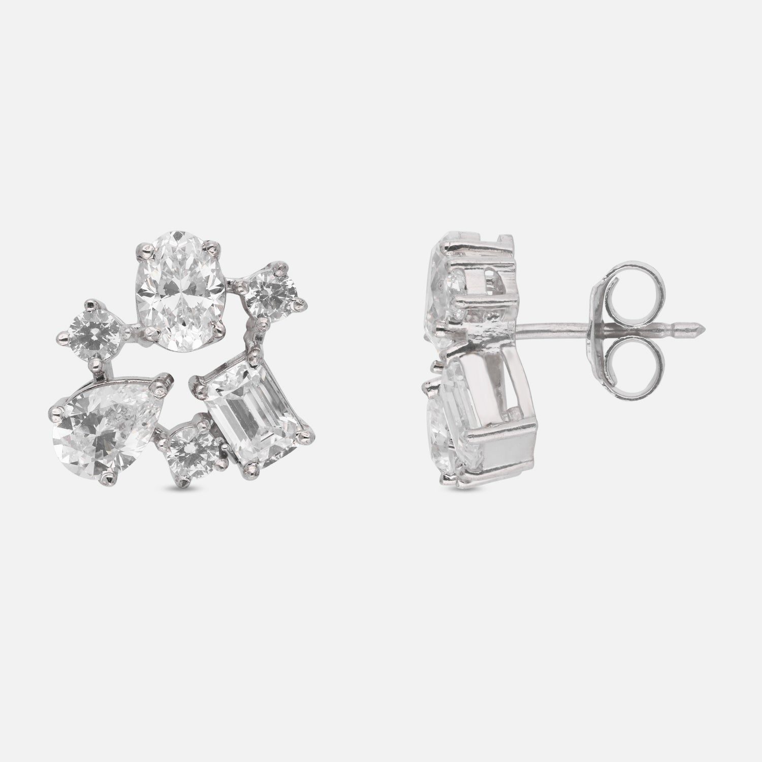 Multi-Shape Cubic Zirconia Cluster Stud Earrings in Sterling Silver | SKU: 0005757619, 0022628558, 0005748303