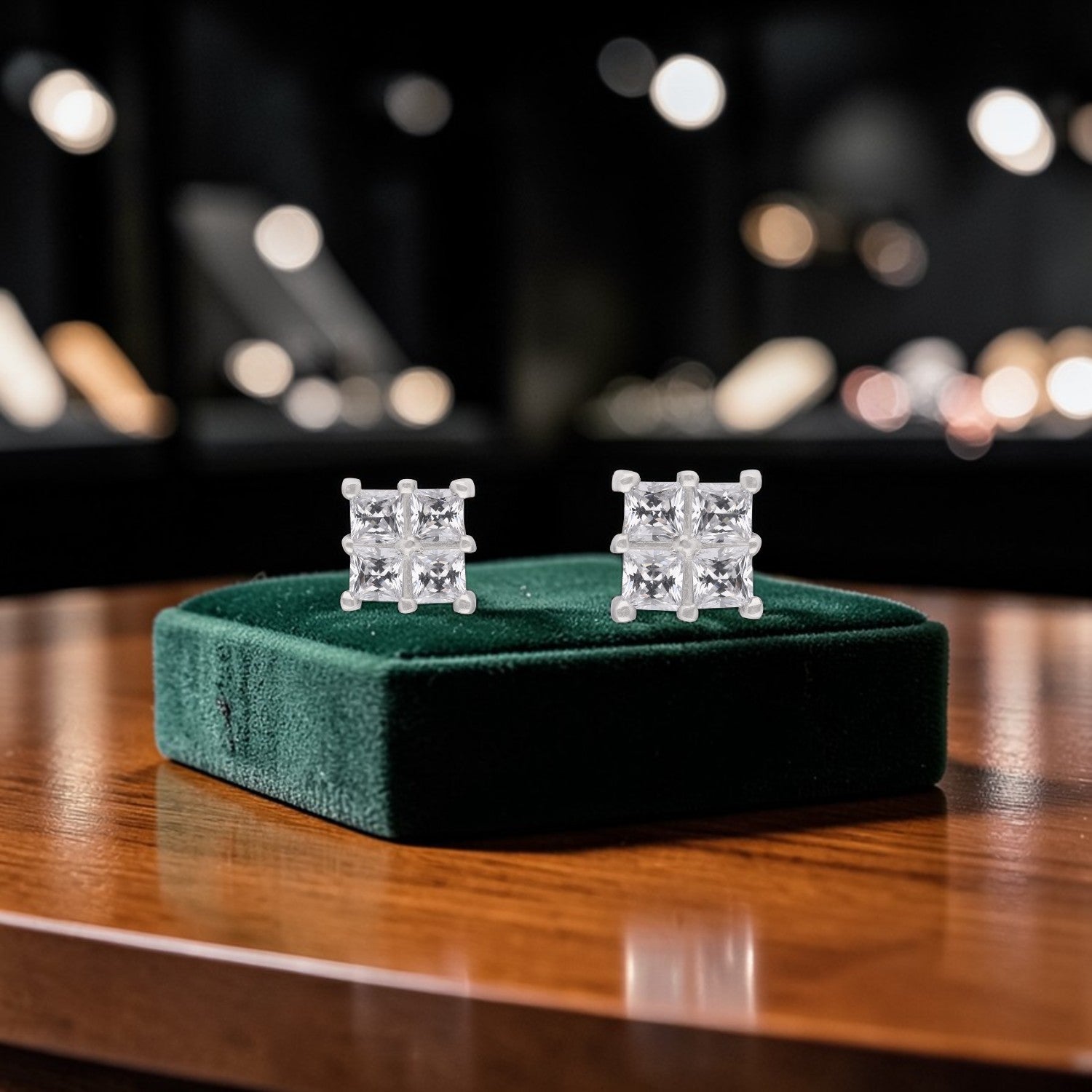 Quad Princess Cut Cubic Zirconia Cluster Stud Earrings in Sterling Silver | SKU: 0005757732, 0005750276, 0022628725