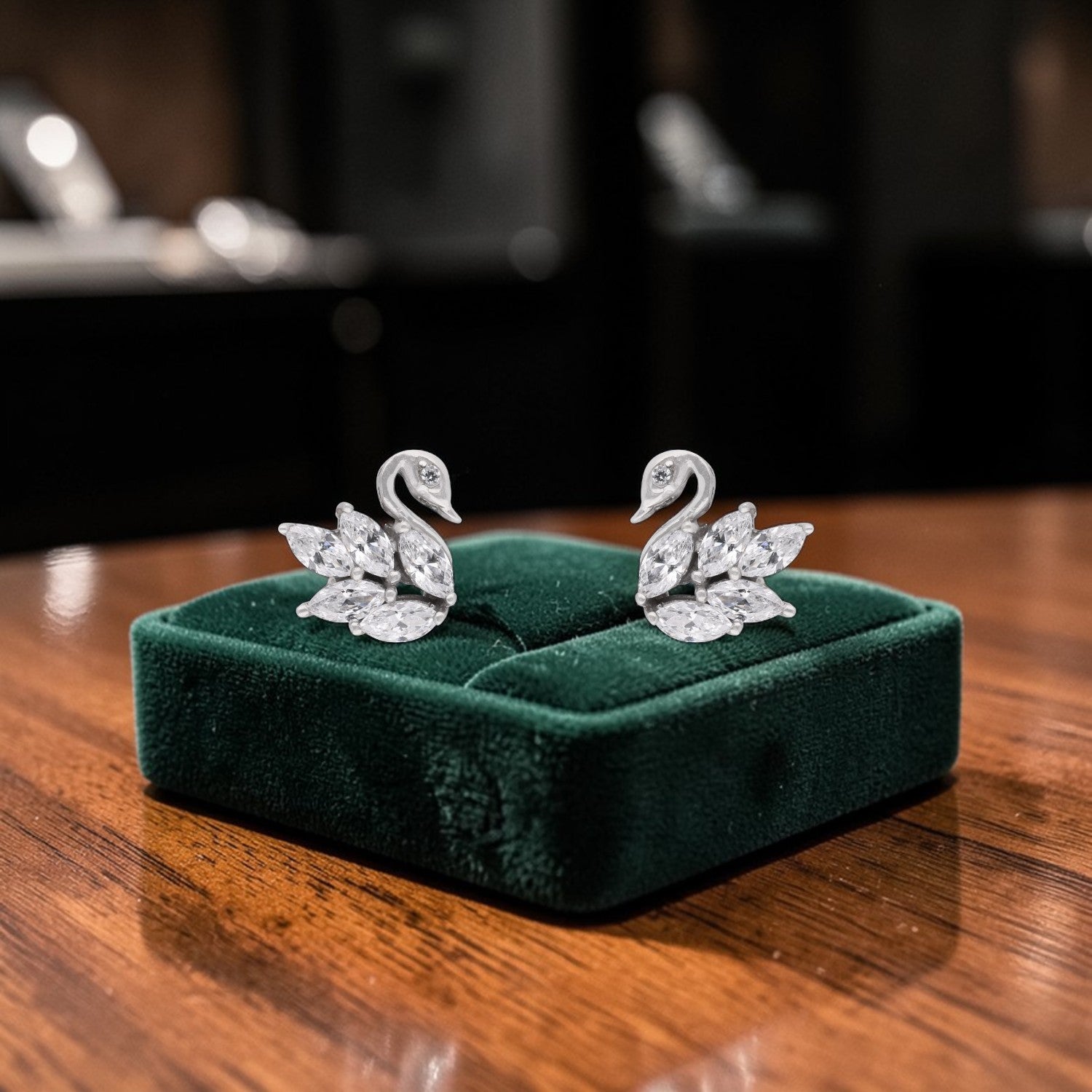 Swan Motif Marquise Cubic Zirconia Stud Earrings in Sterling Silver | SKU: 0005757763, 0022628756, 0005750306