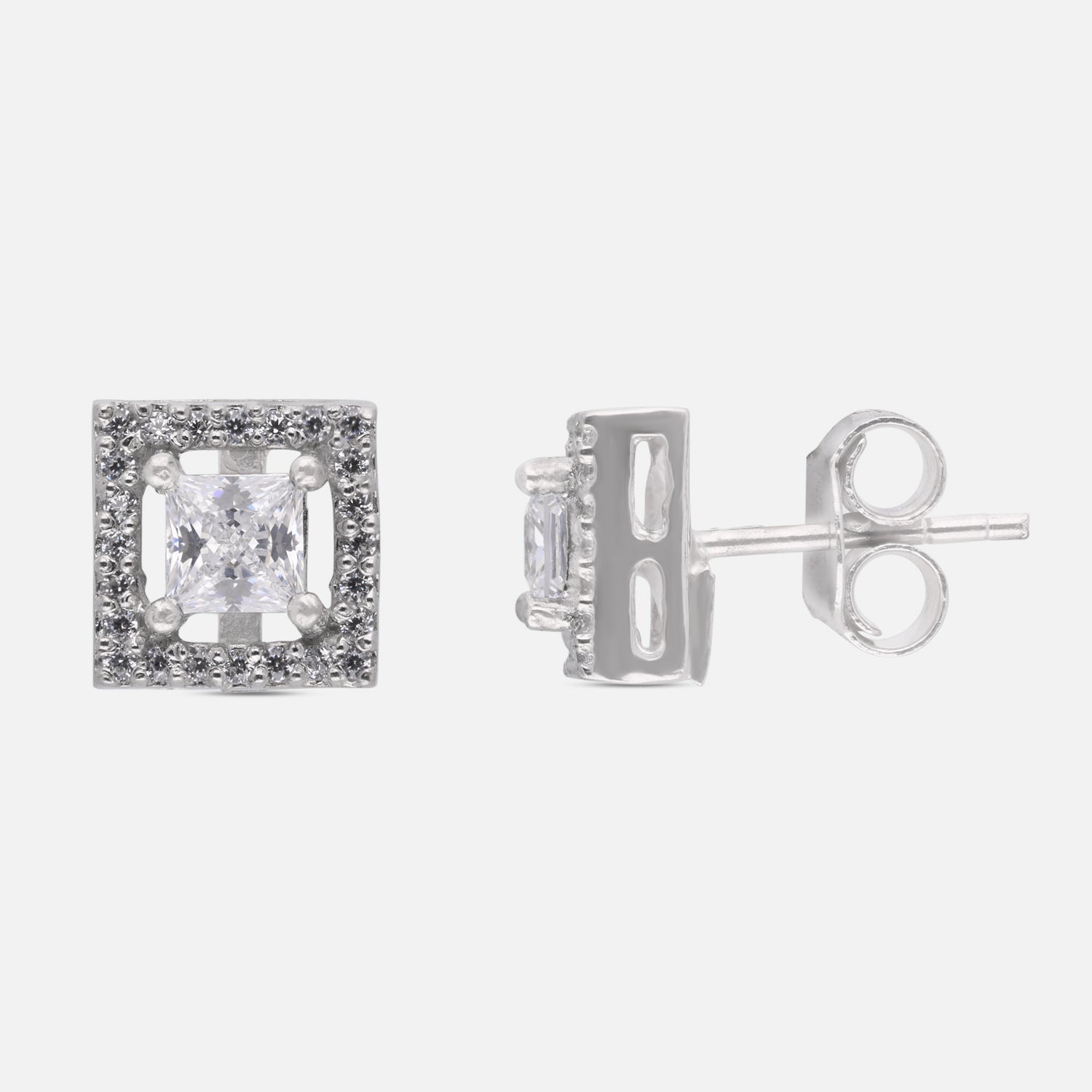 Princess Cut Cubic Zirconia Halo Stud Earrings in Sterling Silver | SKU: 0005757862, 0022628633, 0005757879, 0005750498