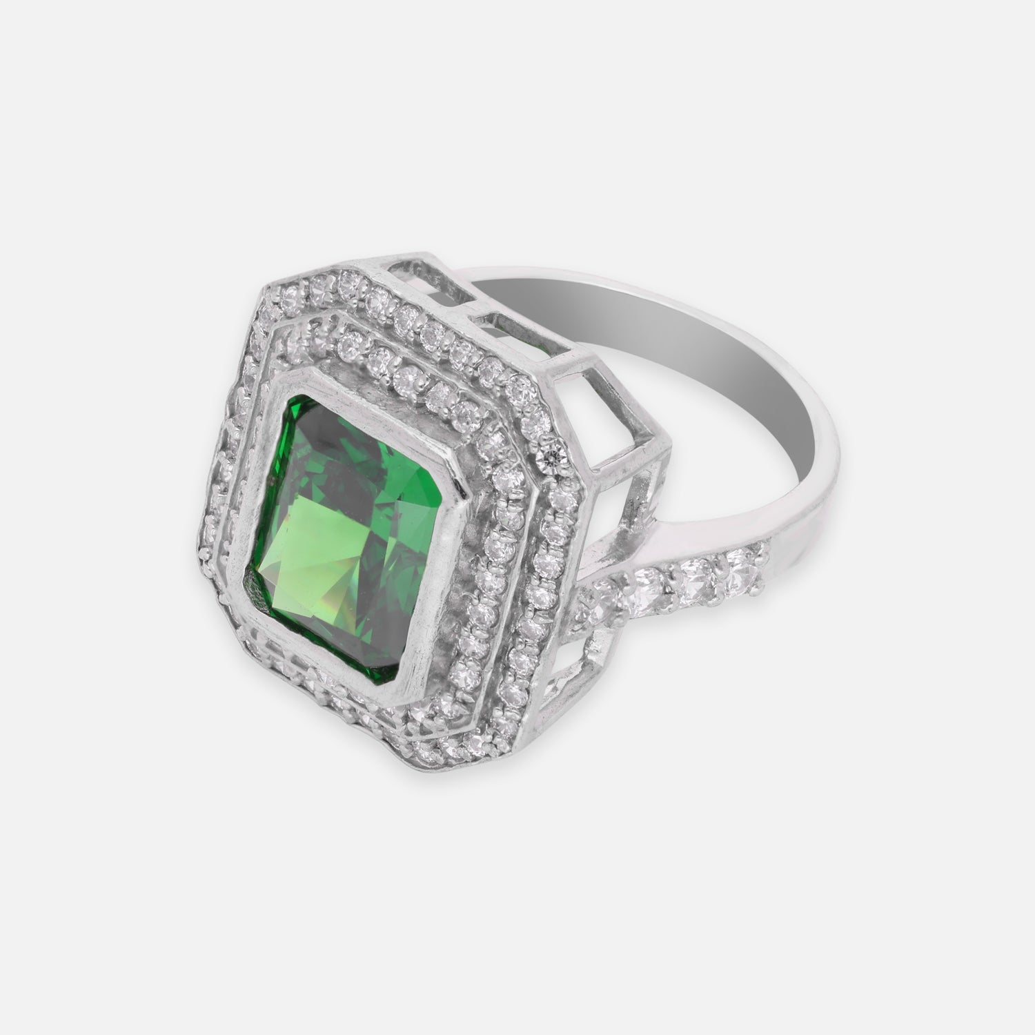 Elegant Sterling Silver Octagonal Halo Ring with Green Cubic Zirconia & CZ Accents | SKU: 0005758067, 0005750672