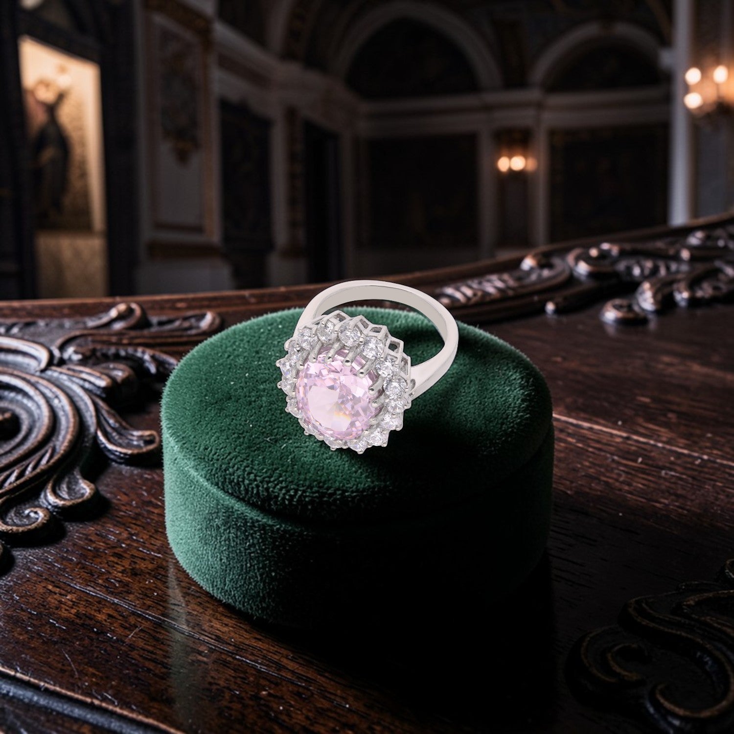 Sterling Silver Pink Oval Cubic Zirconia Halo Statement Ring | SKU: 0005758142, 0005748211, 0005750740