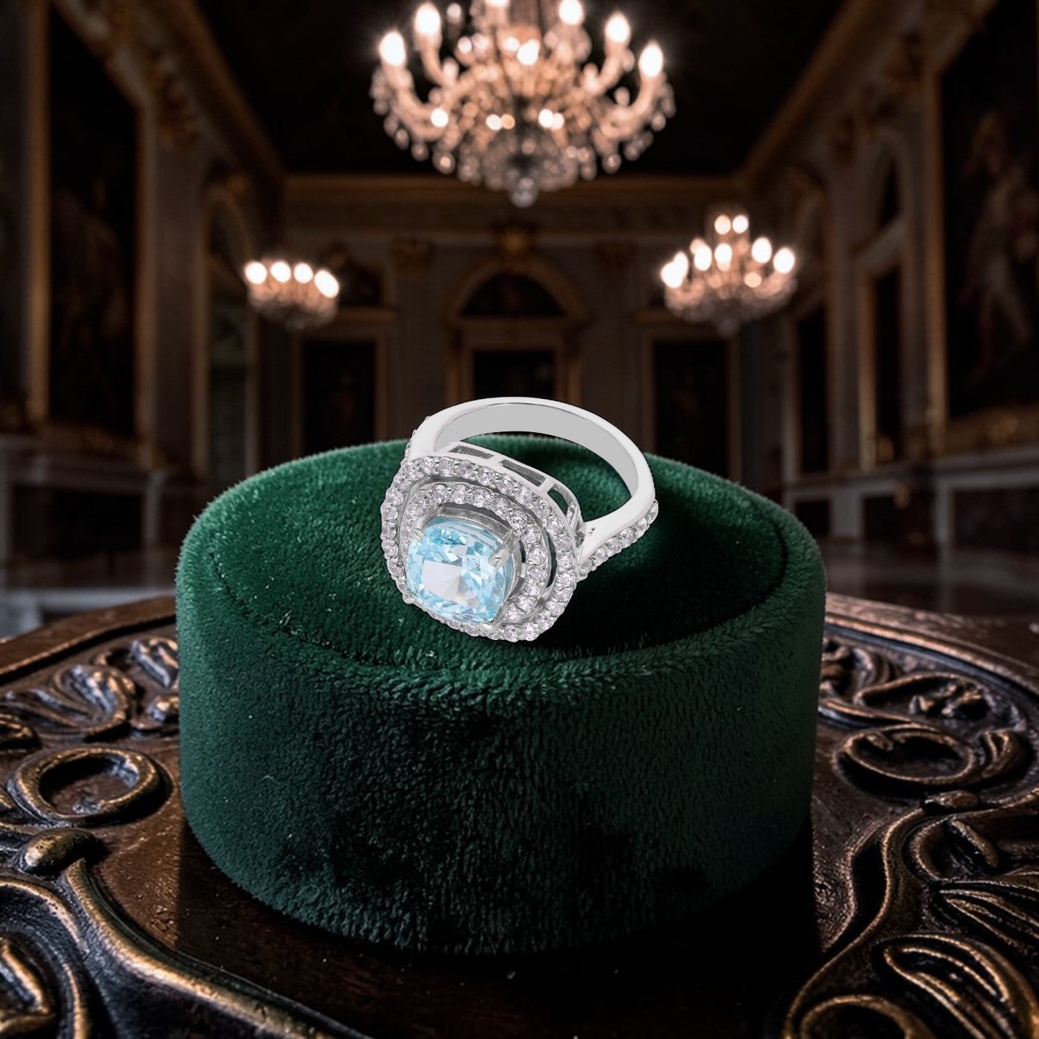 Sterling Silver Sky Blue Cushion Cut Cubic Zirconia Double Halo Statement Ring | SKU: 0005758173, 0022629197