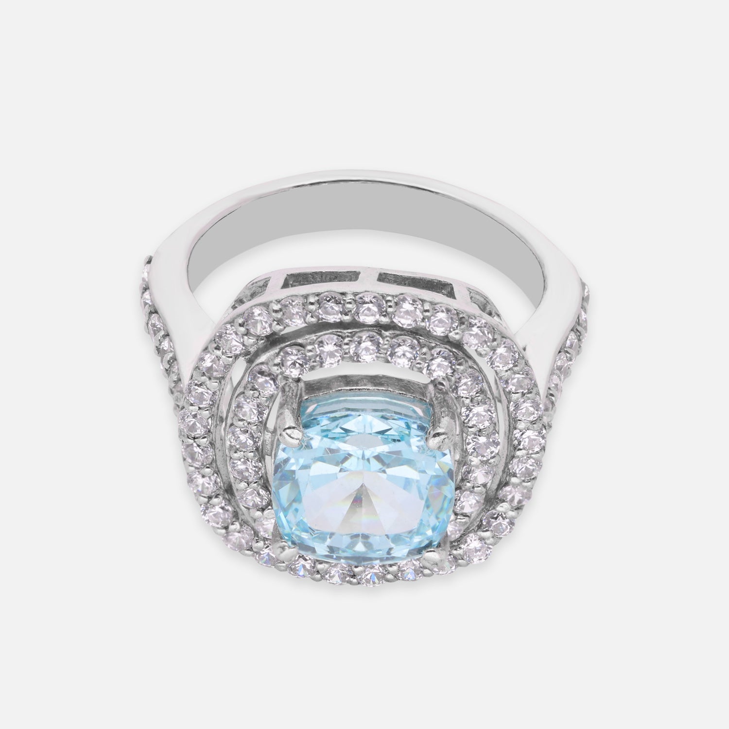 Sterling Silver Sky Blue Cushion Cut Cubic Zirconia Double Halo Statement Ring | SKU: 0005758173, 0022629197
