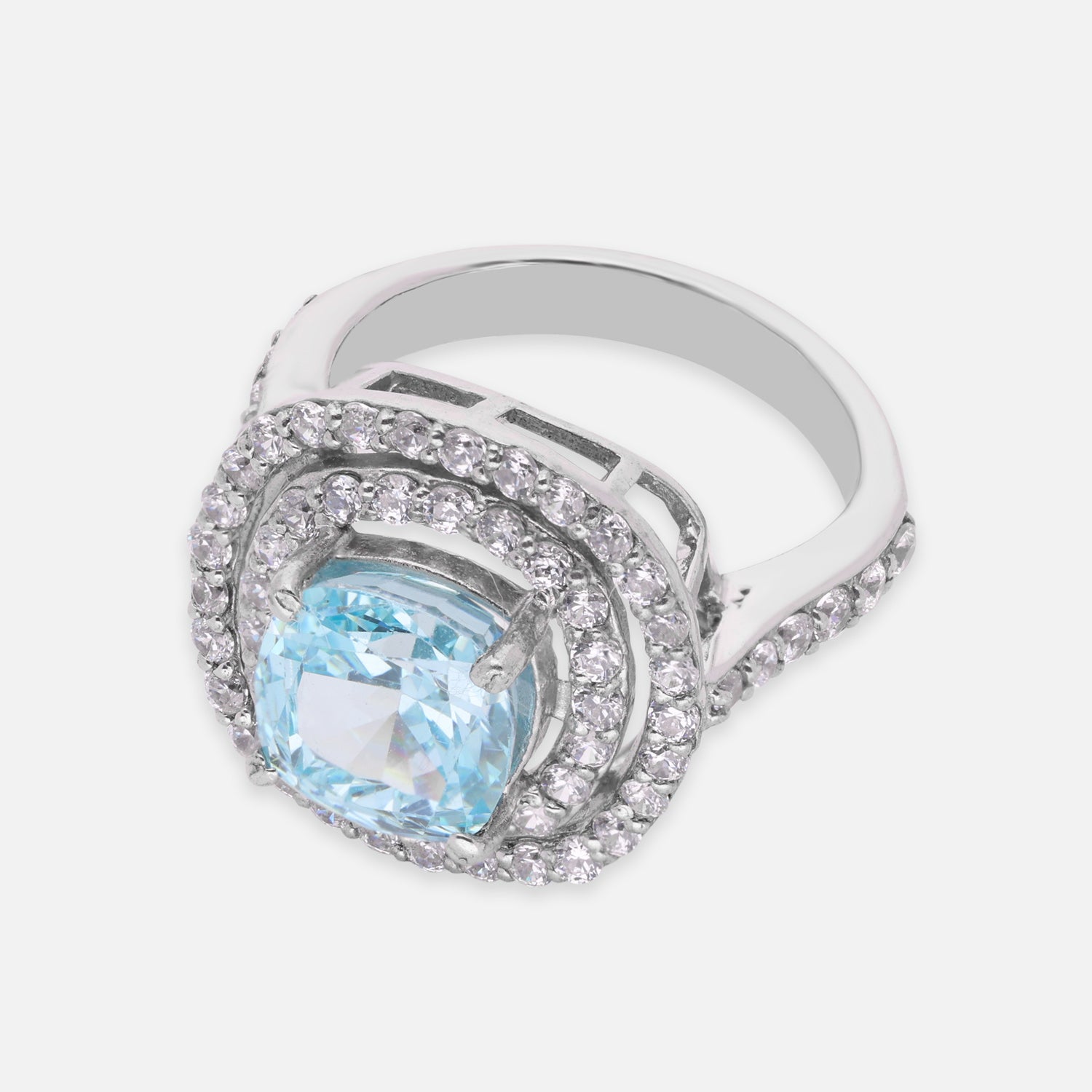 Sterling Silver Sky Blue Cushion Cut Cubic Zirconia Double Halo Statement Ring | SKU: 0005758173, 0022629197