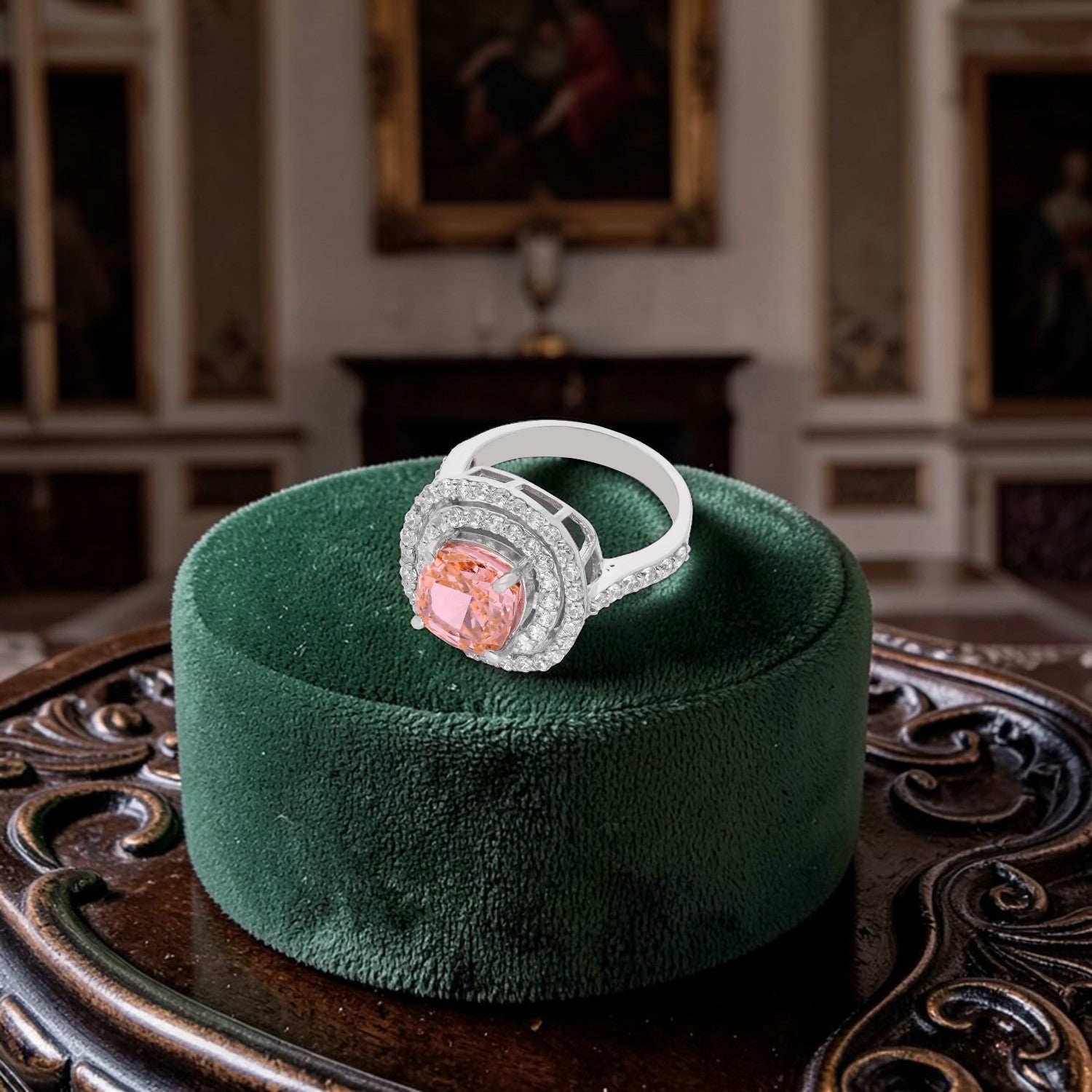 Sterling Silver Peach Cushion Cut Cubic Zirconia Double Halo Statement Ring | SKU: 0005758197, 0022629173