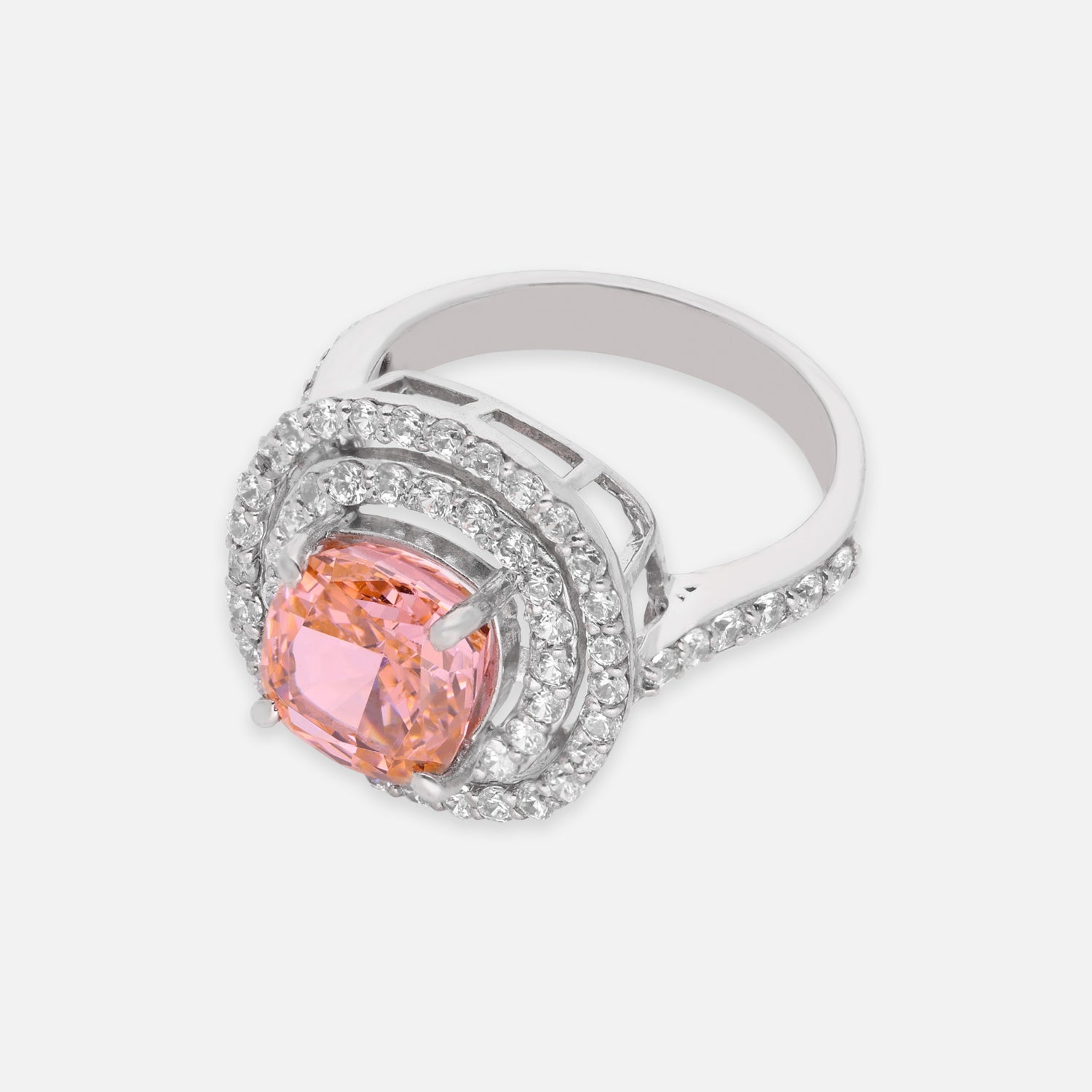 Sterling Silver Peach Cushion Cut Cubic Zirconia Double Halo Statement Ring | SKU: 0005758197, 0022629173