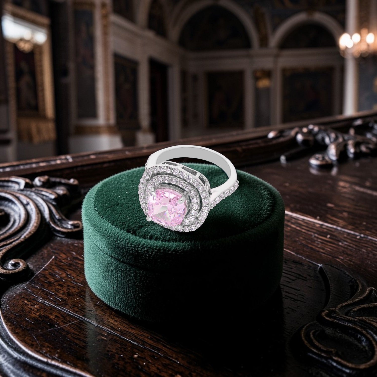 Sterling Silver Pink Cushion Cut Cubic Zirconia Double Halo Statement Ring | SKU : 0005758203, 0005750788, 0005758166