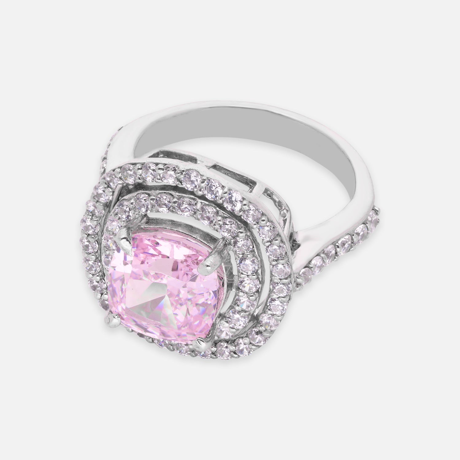 Sterling Silver Pink Cushion Cut Cubic Zirconia Double Halo Statement Ring | SKU : 0005758203, 0005750788, 0005758166