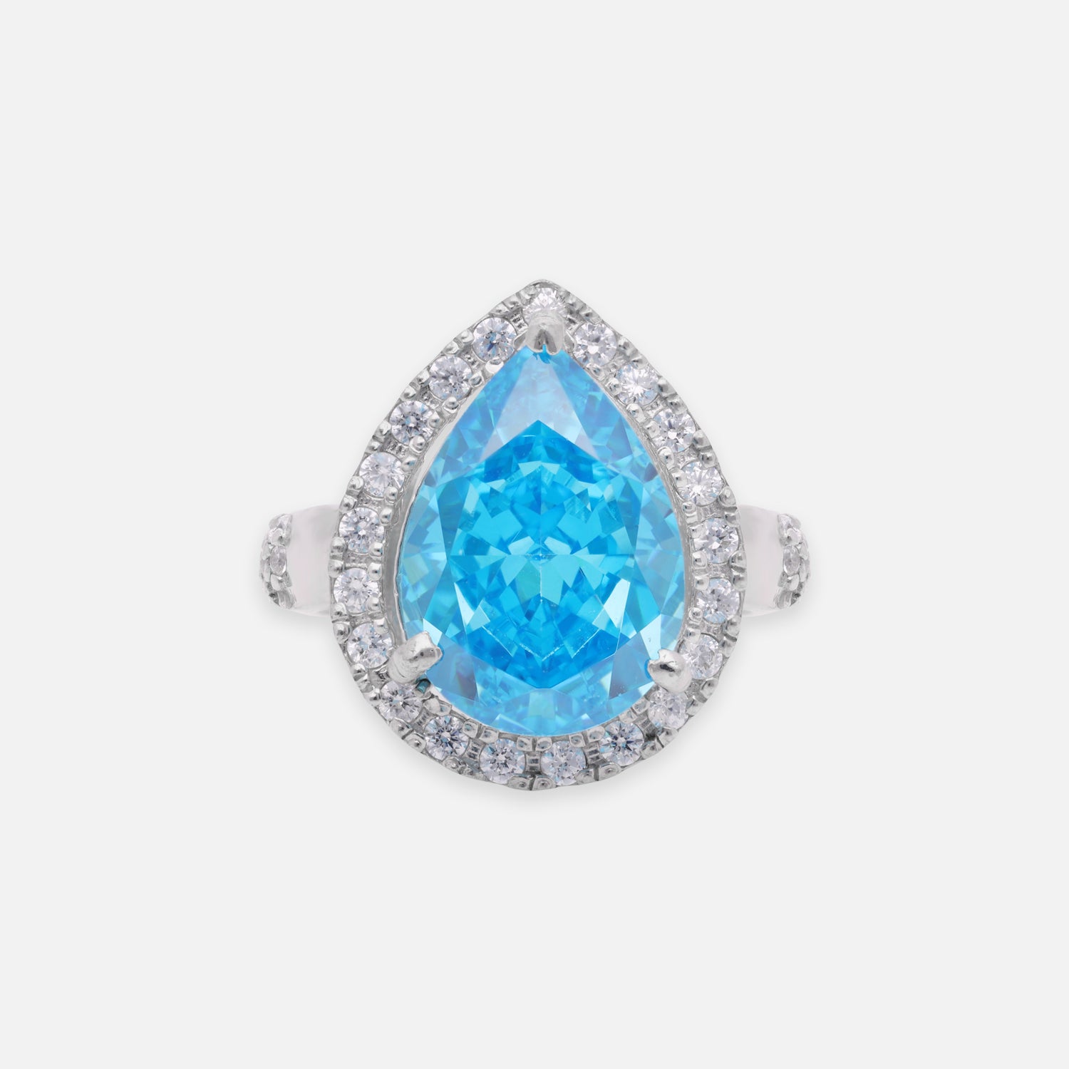 Sterling Silver Blue Cubic Zircon Pear Halo Statement Ring | SKU : 0005758210