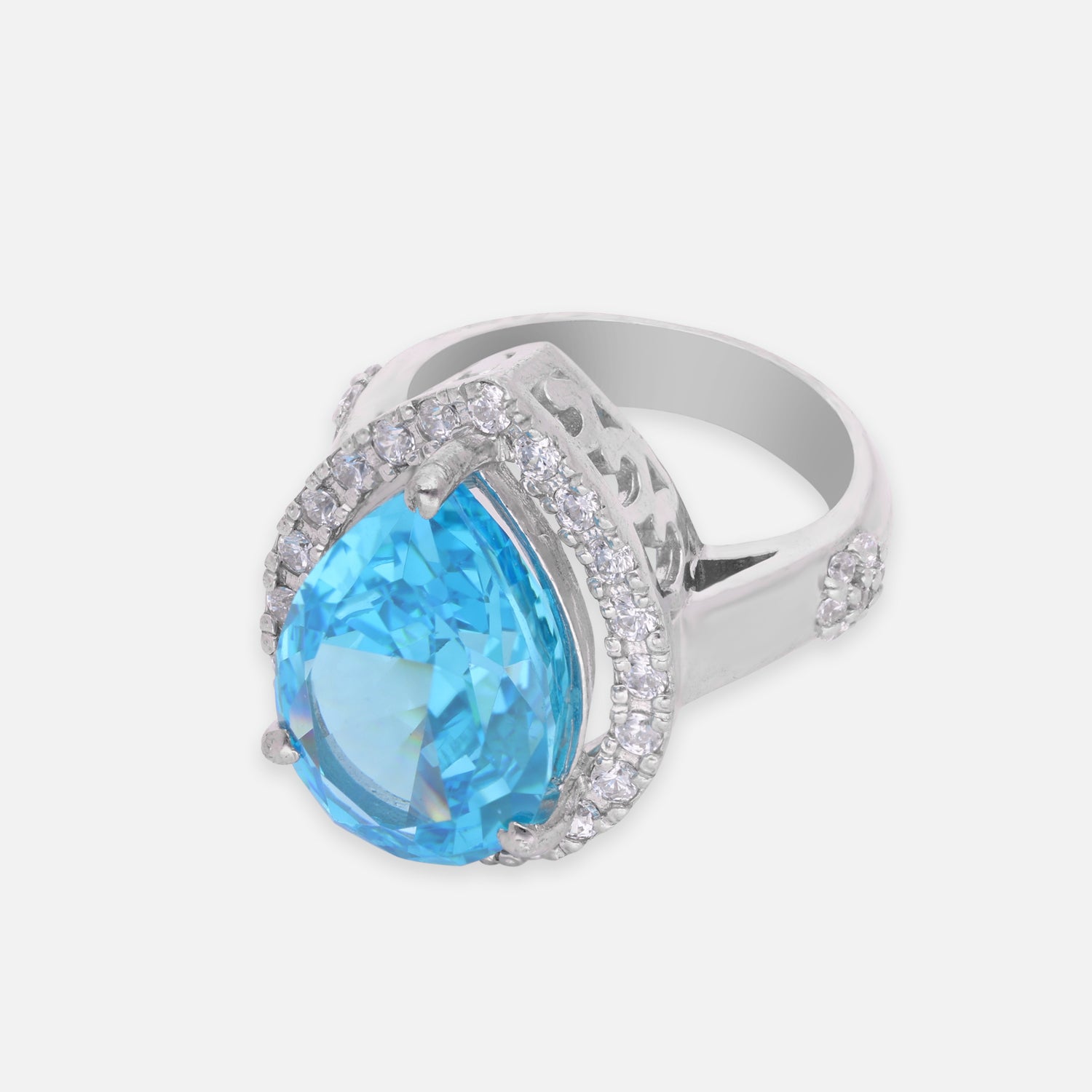 Sterling Silver Blue Cubic Zircon Pear Halo Statement Ring | SKU : 0005758210