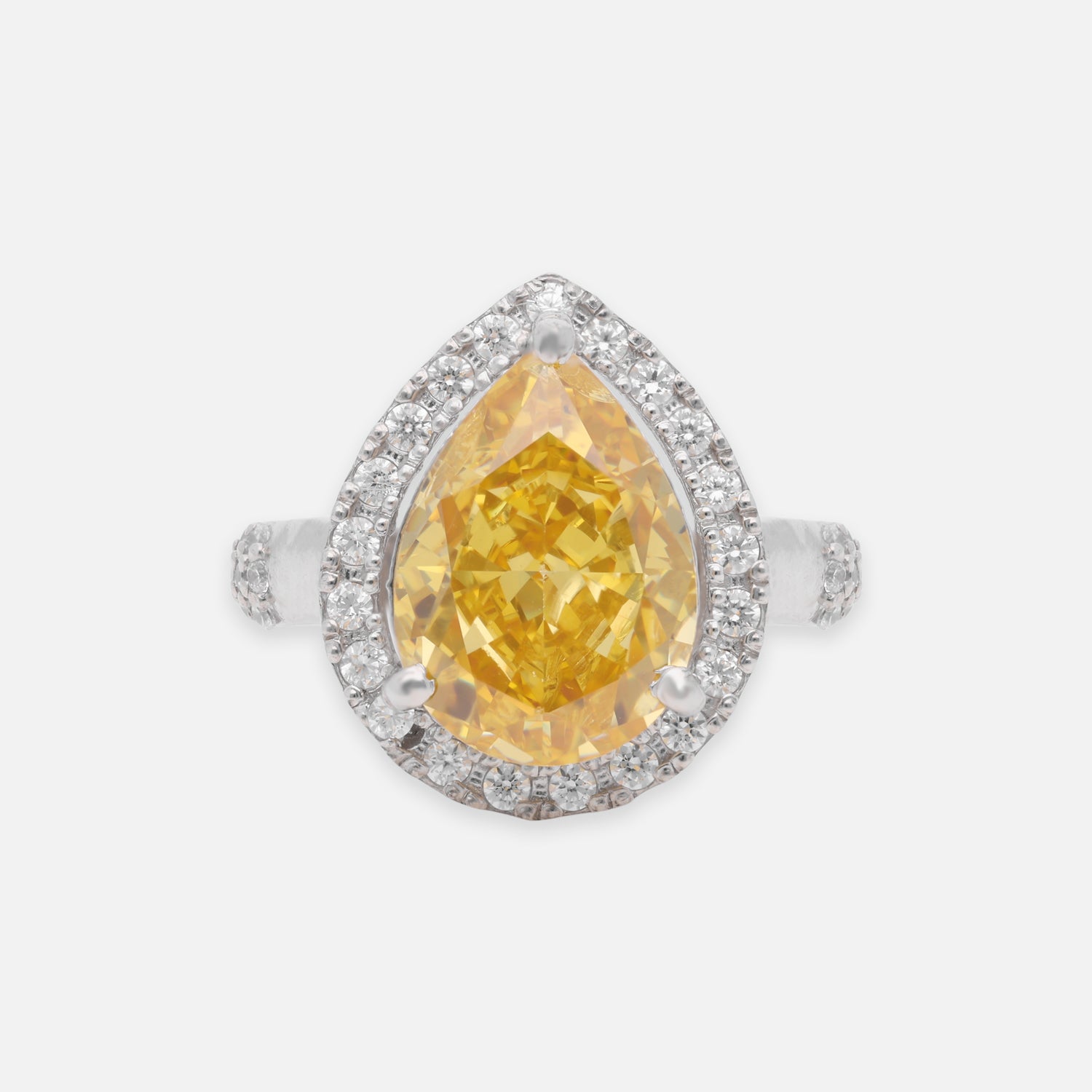 Sterling Silver Yellow Cubic Zircon Pear Halo Statement Ring | SKU: 0005758234, 0005750856, 0005750832