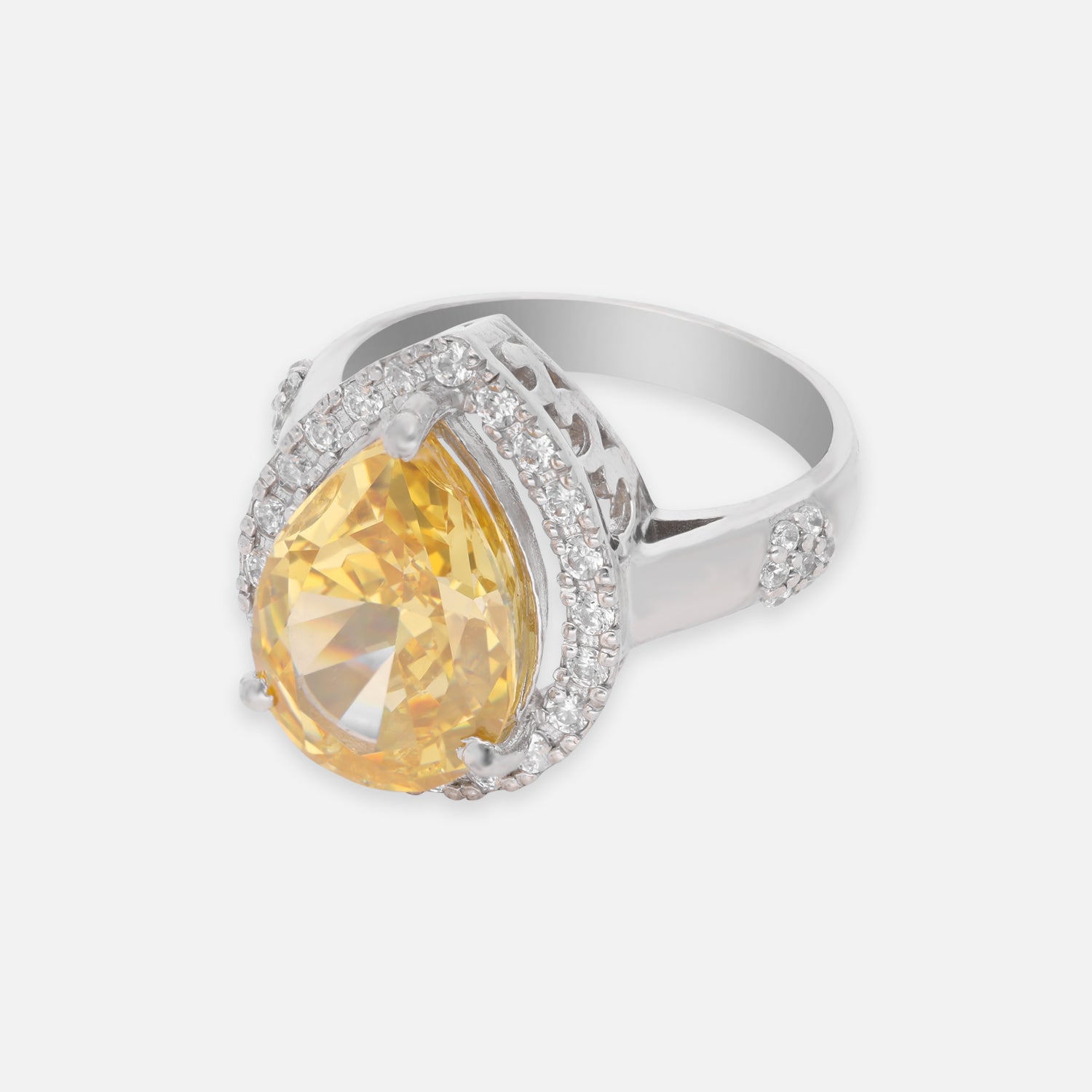 Sterling Silver Yellow Cubic Zircon Pear Halo Statement Ring | SKU: 0005758234, 0005750856, 0005750832