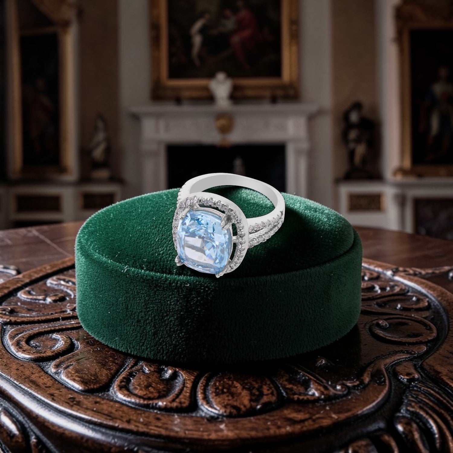 Elegant Sterling Silver Cushion-Cut Blue Cubic Zirconia Halo Ring with Split Band | SKU: 0005758456, 0005751075, 0005758470