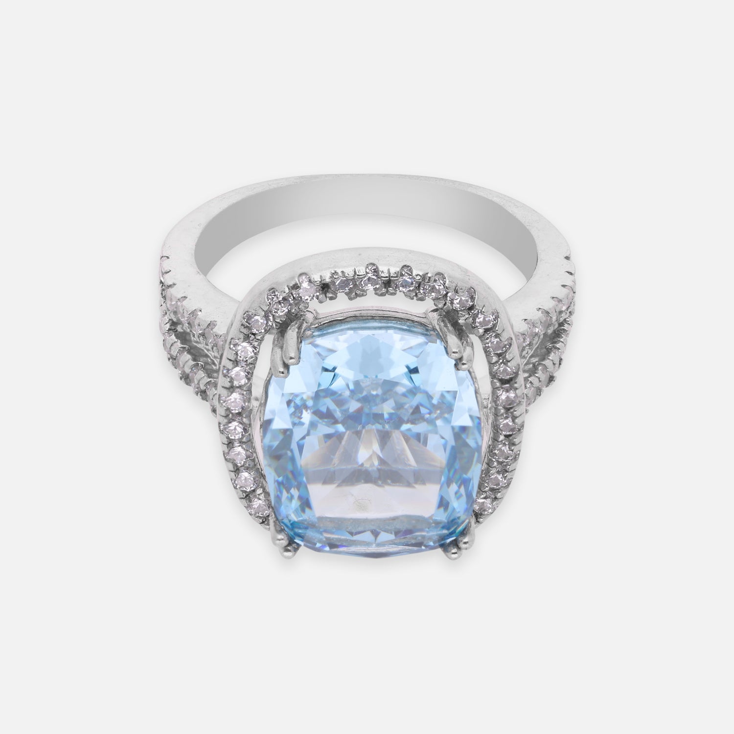 Elegant Sterling Silver Cushion-Cut Blue Cubic Zirconia Halo Ring with Split Band | SKU: 0005758456, 0005751075, 0005758470