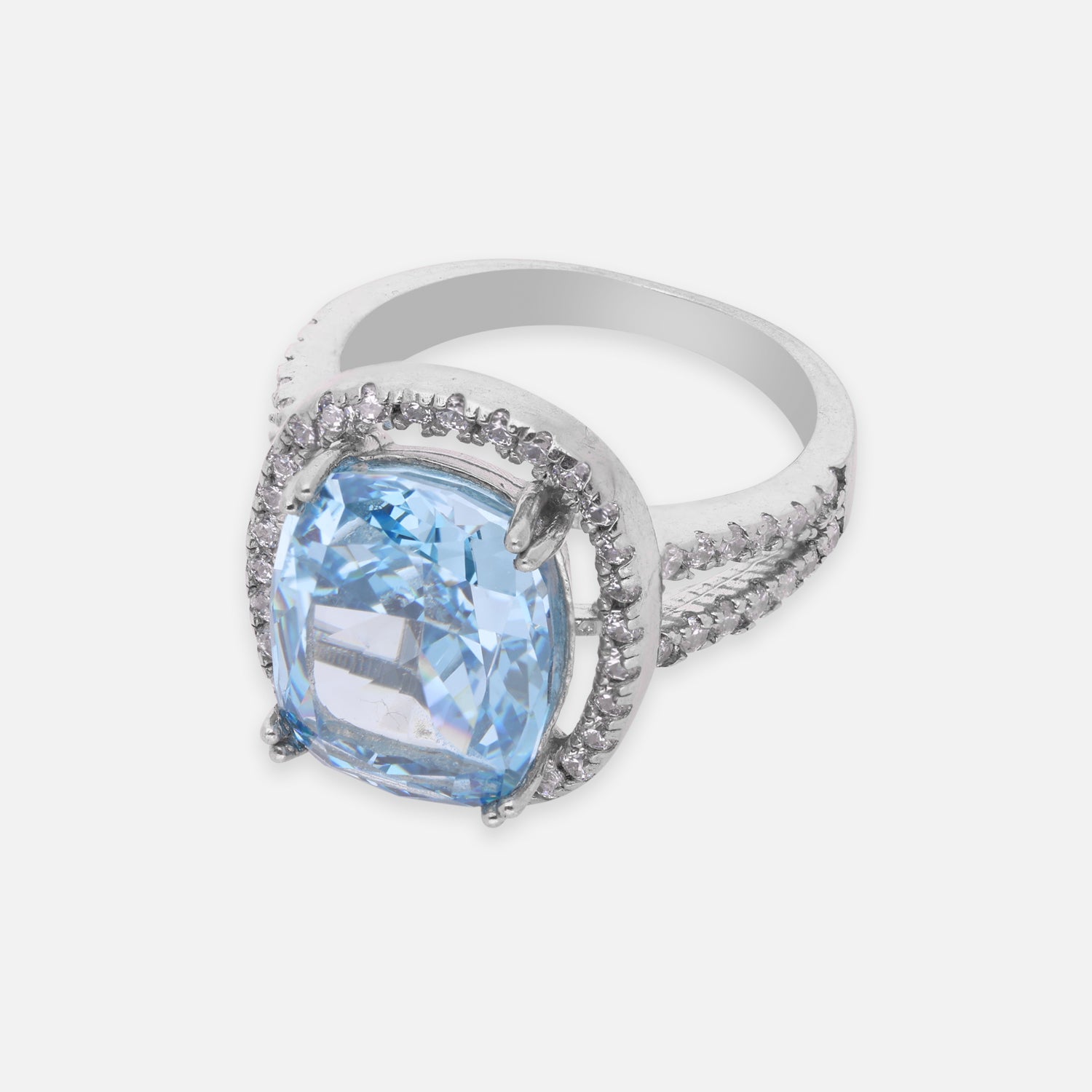Elegant Sterling Silver Cushion-Cut Blue Cubic Zirconia Halo Ring with Split Band | SKU: 0005758456, 0005751075, 0005758470