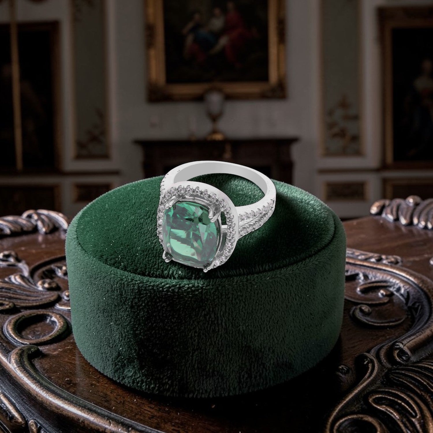 Elegant Sterling Silver Cushion-Cut Green Cubic Zirconia Halo Ring with Split Band | SKU: 0005758500, 0005751082