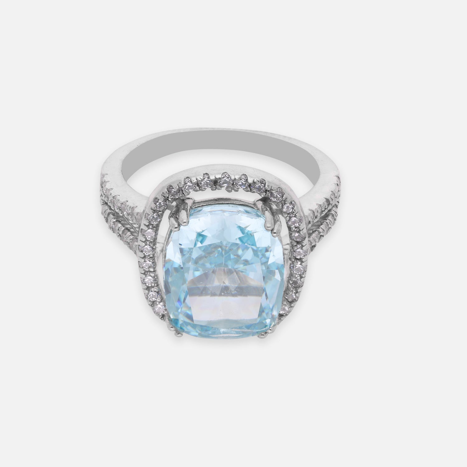 Elegant Sterling Silver Cushion-Cut Sky Blue Cubic Zirconia Halo Ring with Split Band | SKU: 0005758517, 0005758487, 0022629463