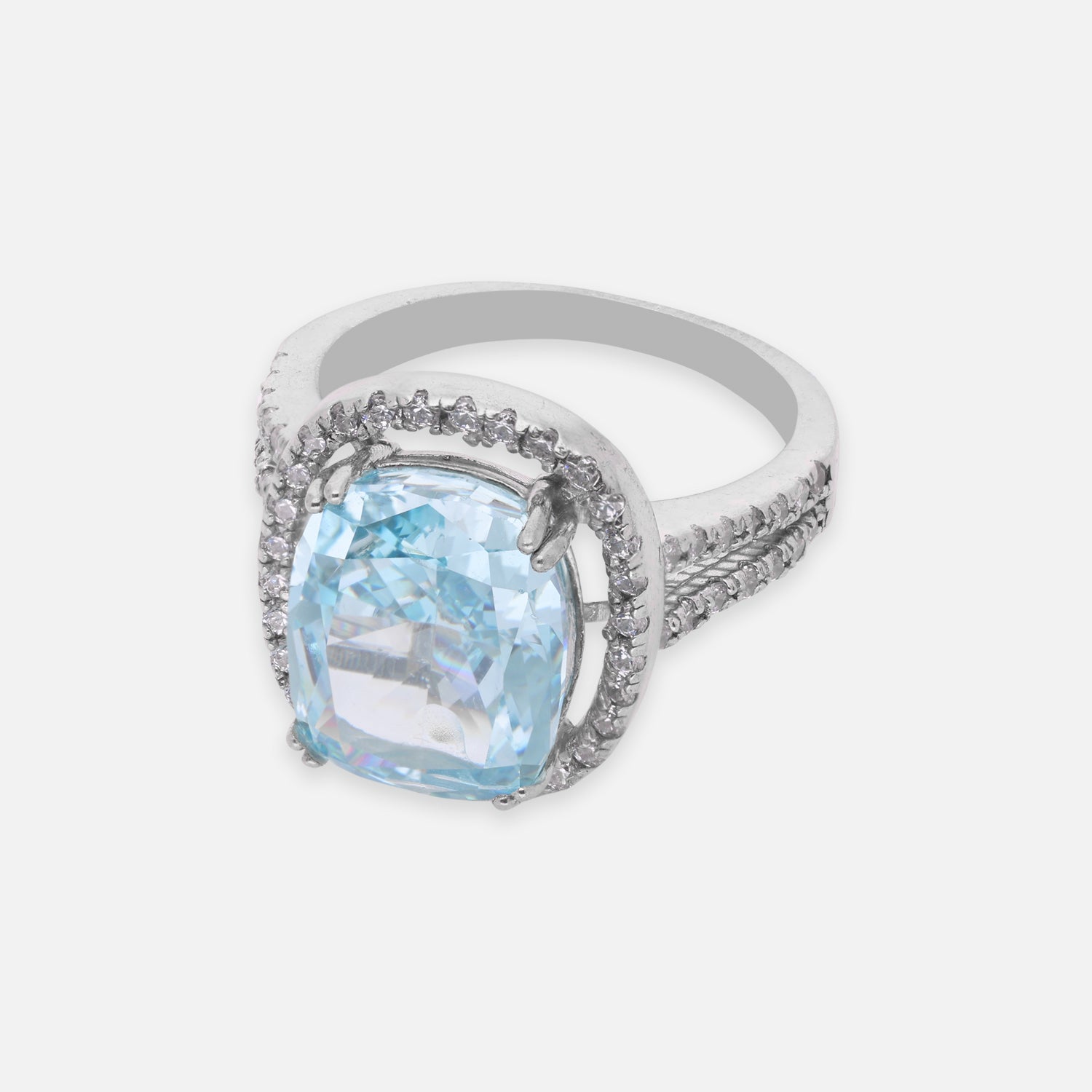 Elegant Sterling Silver Cushion-Cut Sky Blue Cubic Zirconia Halo Ring with Split Band | SKU: 0005758517, 0005758487, 0022629463