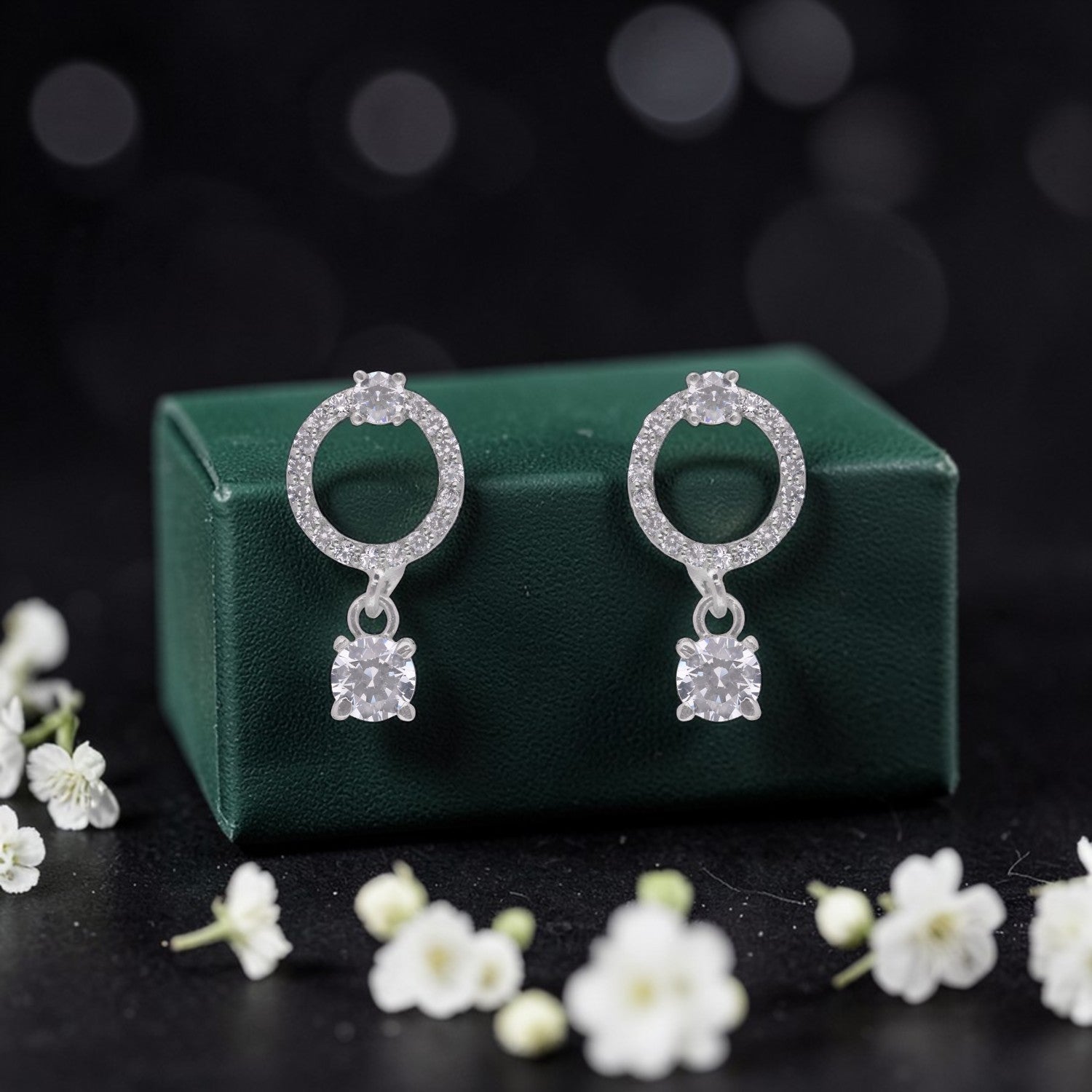 Sterling Silver Circular Halo Cubic Zirconia Drop Earrings| SKU: 0005771912, 0005771936