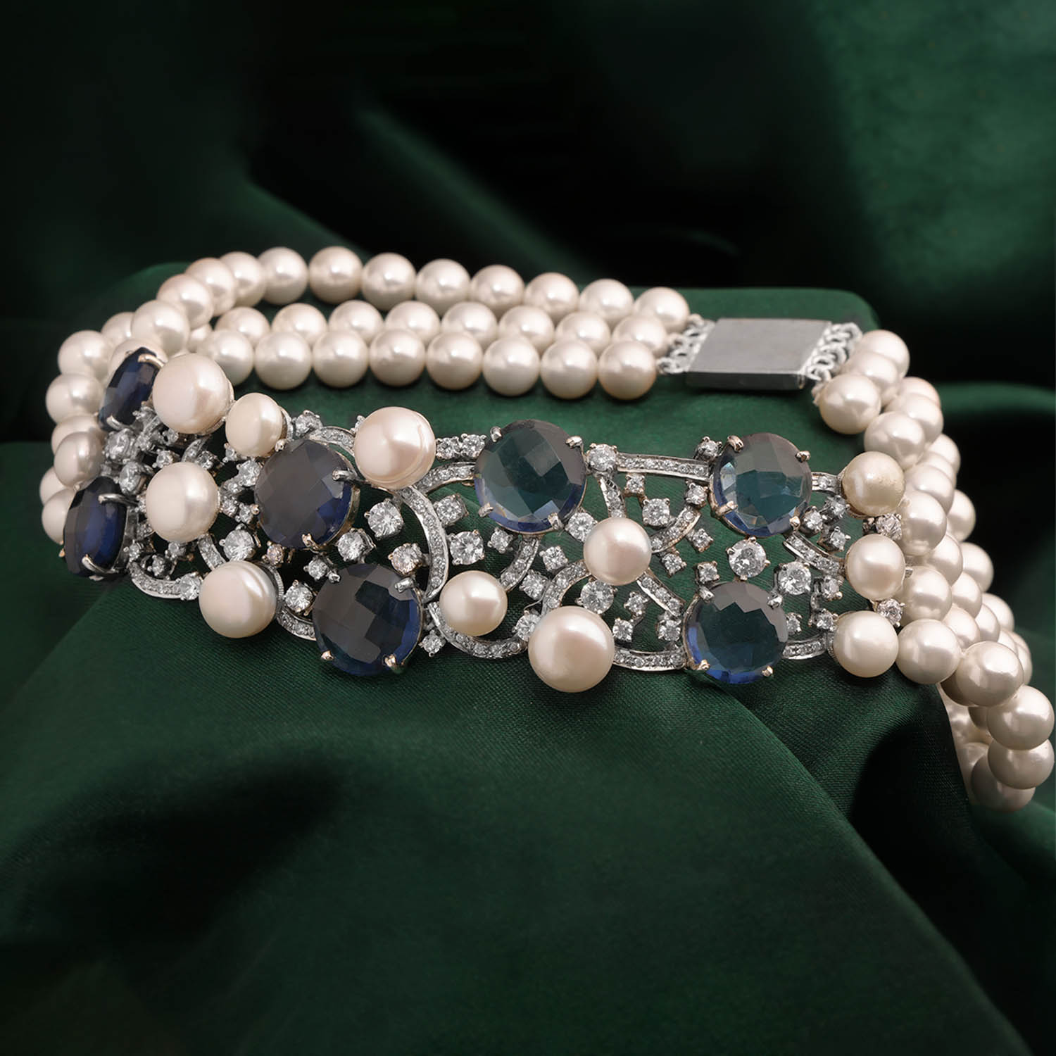 Blue Gemstone and Cubic Zirconia Pearl Bracelet | SKU: 0018721294