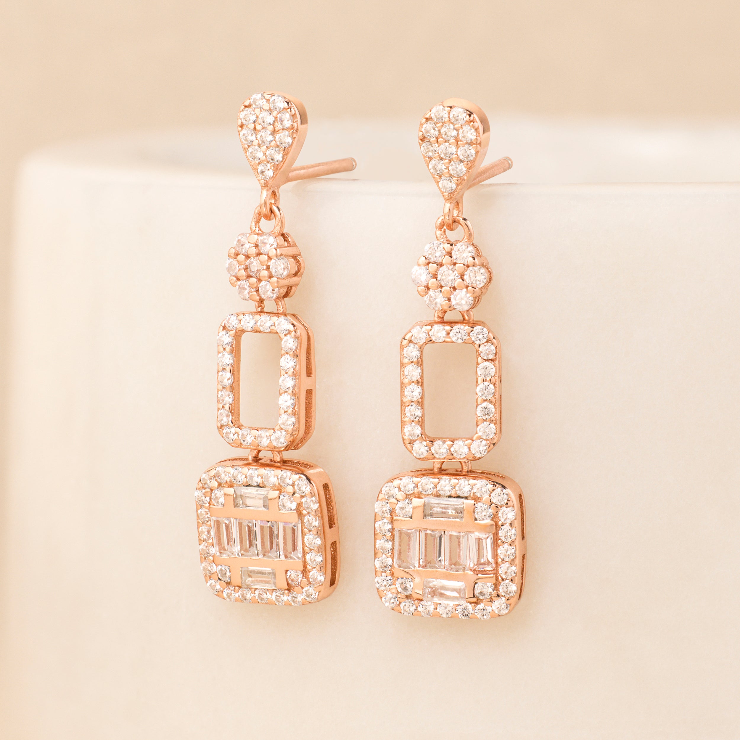 Designer Silver Royal Drop Earrings in Luxe Rose Gold | SKU: 0019281247, 0019280912, 0019280950
