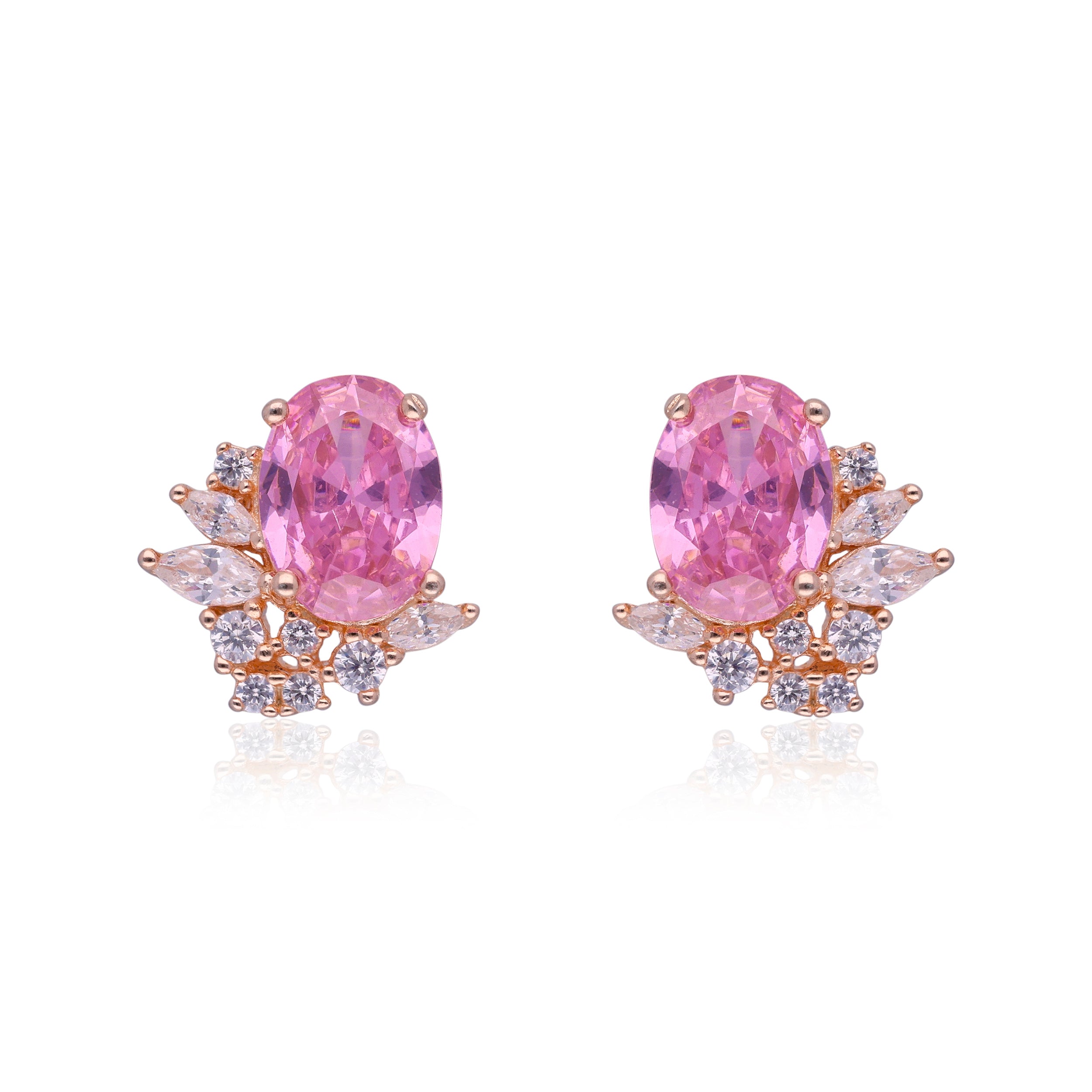 Timeless Glamour: Sterling Silver Oval Gem and Cubic Zirconia Studded Ear Studs | SKU: 0019883939, 0019883946, 0019883991, 0019884011, 0019884028