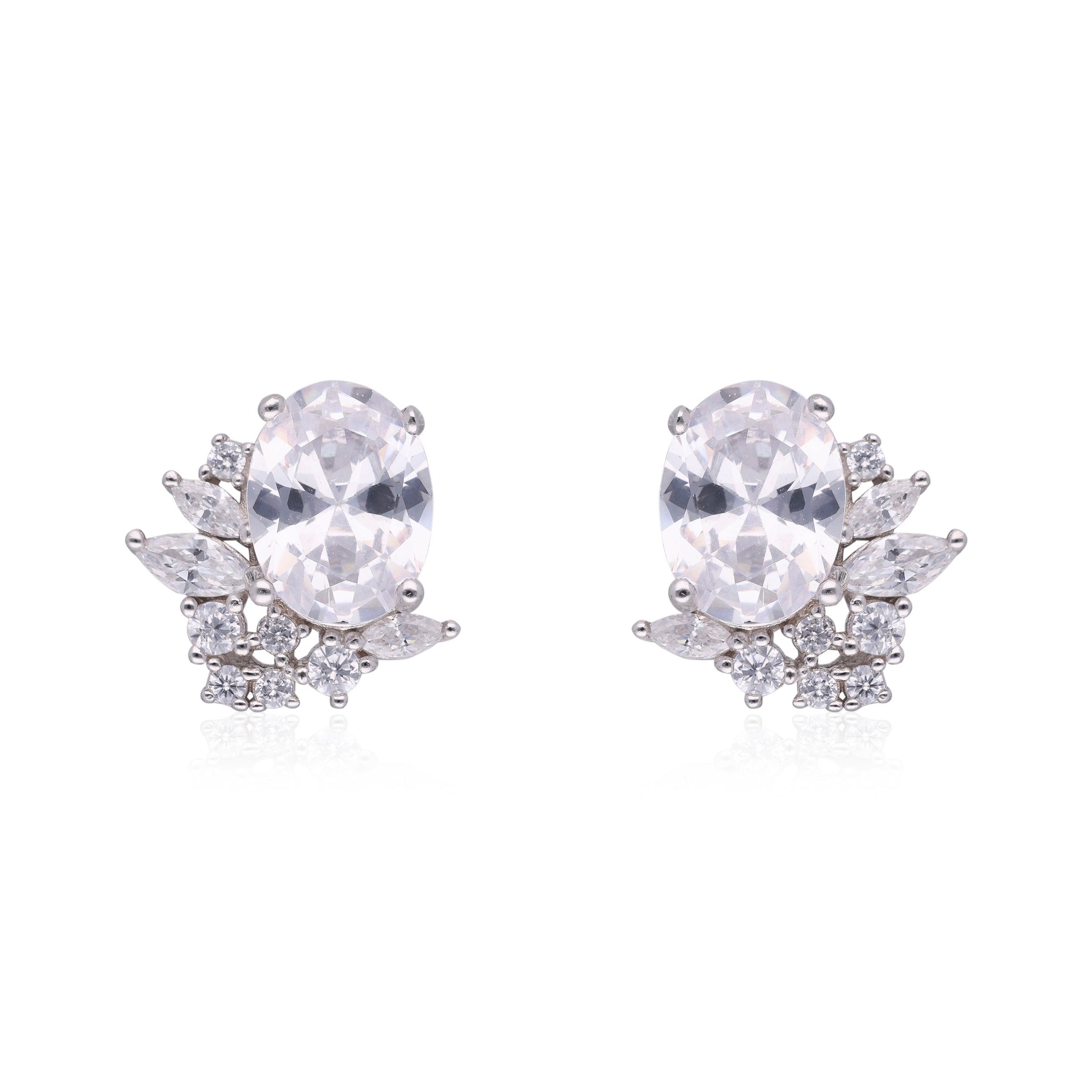 Timeless Glamour: Sterling Silver Oval Gem and Cubic Zirconia Studded Ear Studs | SKU: 0019883939, 0019883946, 0019883991, 0019884011, 0019884028