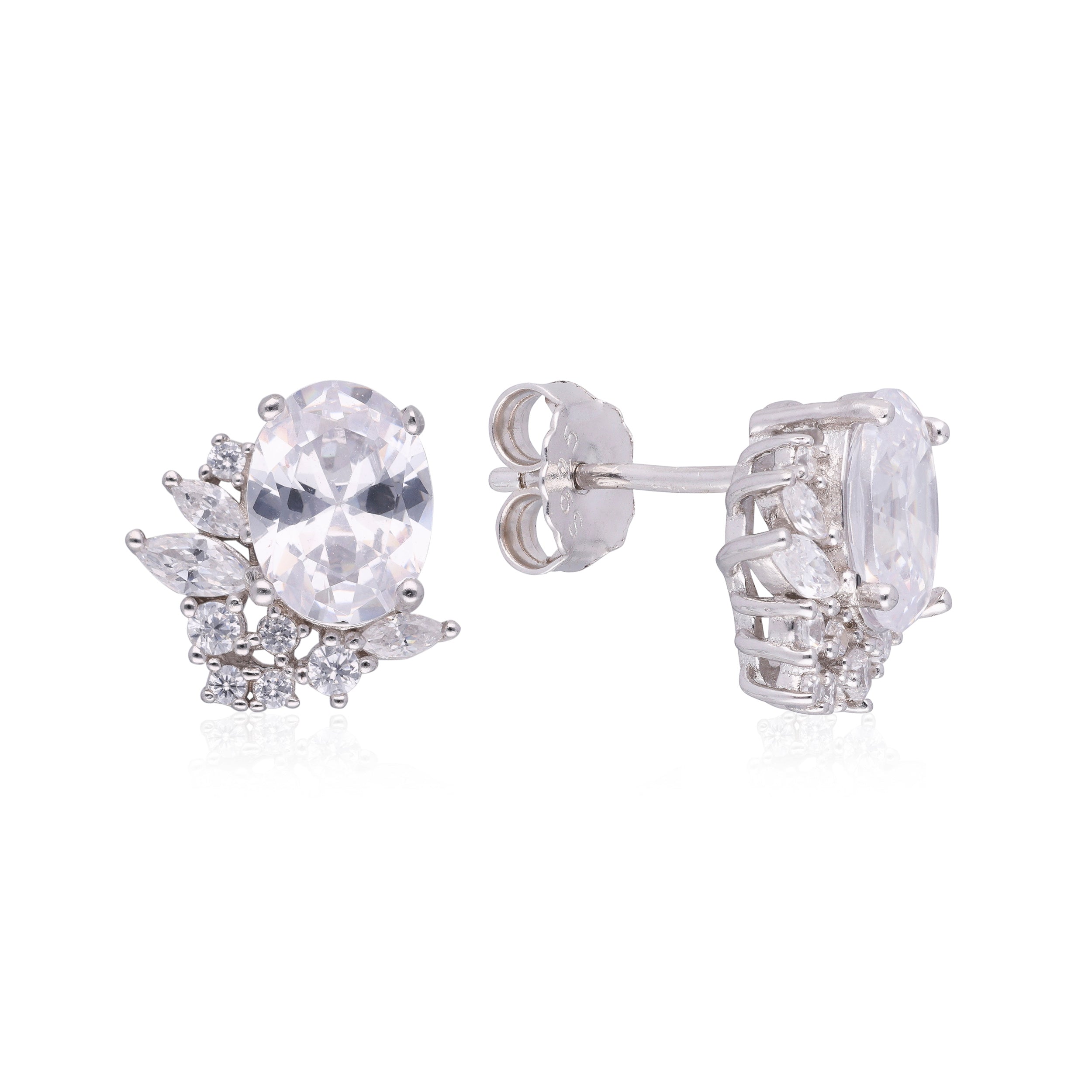 Timeless Glamour: Sterling Silver Oval Gem and Cubic Zirconia Studded Ear Studs | SKU: 0019883939, 0019883946, 0019883991, 0019884011, 0019884028