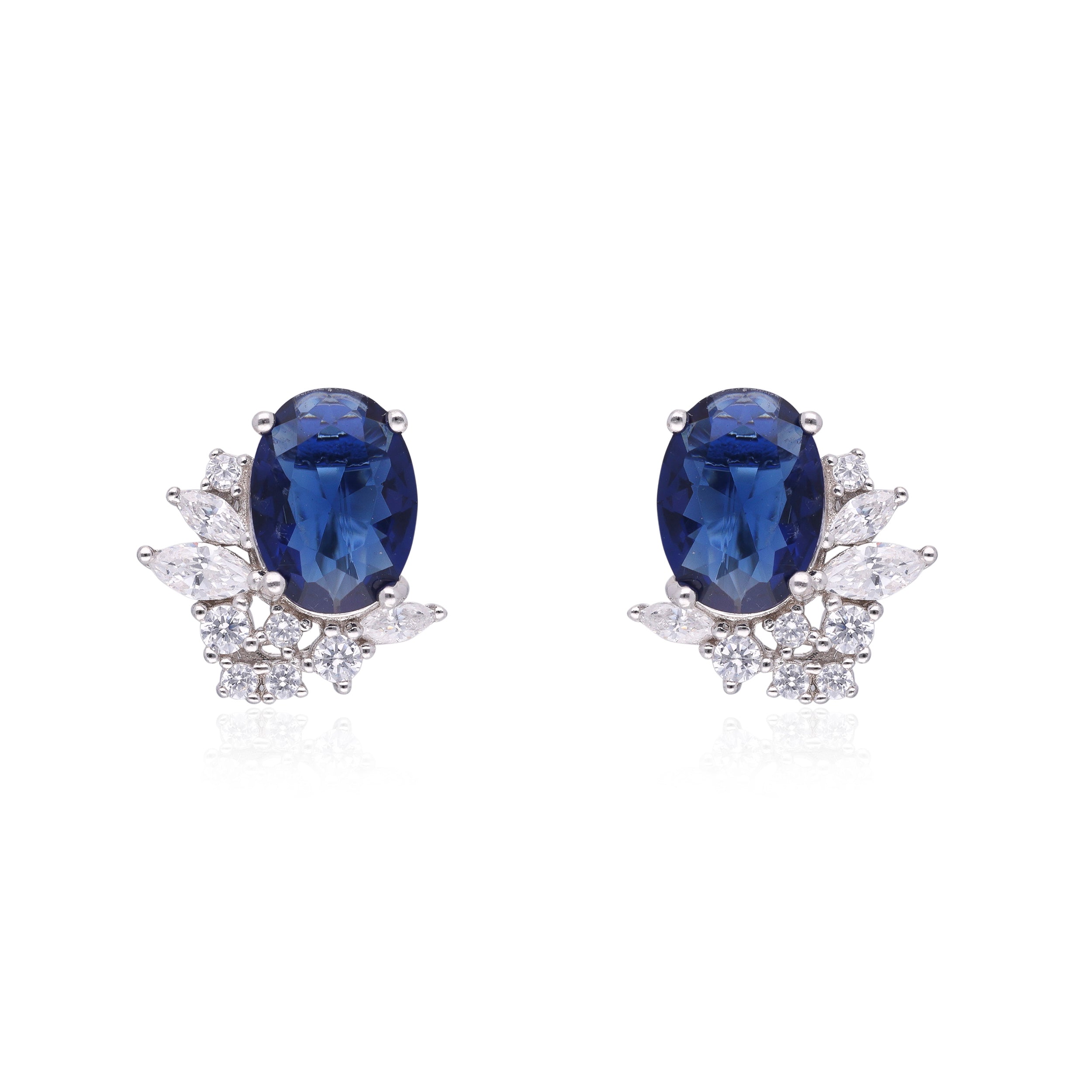 Timeless Glamour: Sterling Silver Oval Gem and Cubic Zirconia Studded Ear Studs | SKU: 0019883939, 0019883946, 0019883991, 0019884011, 0019884028