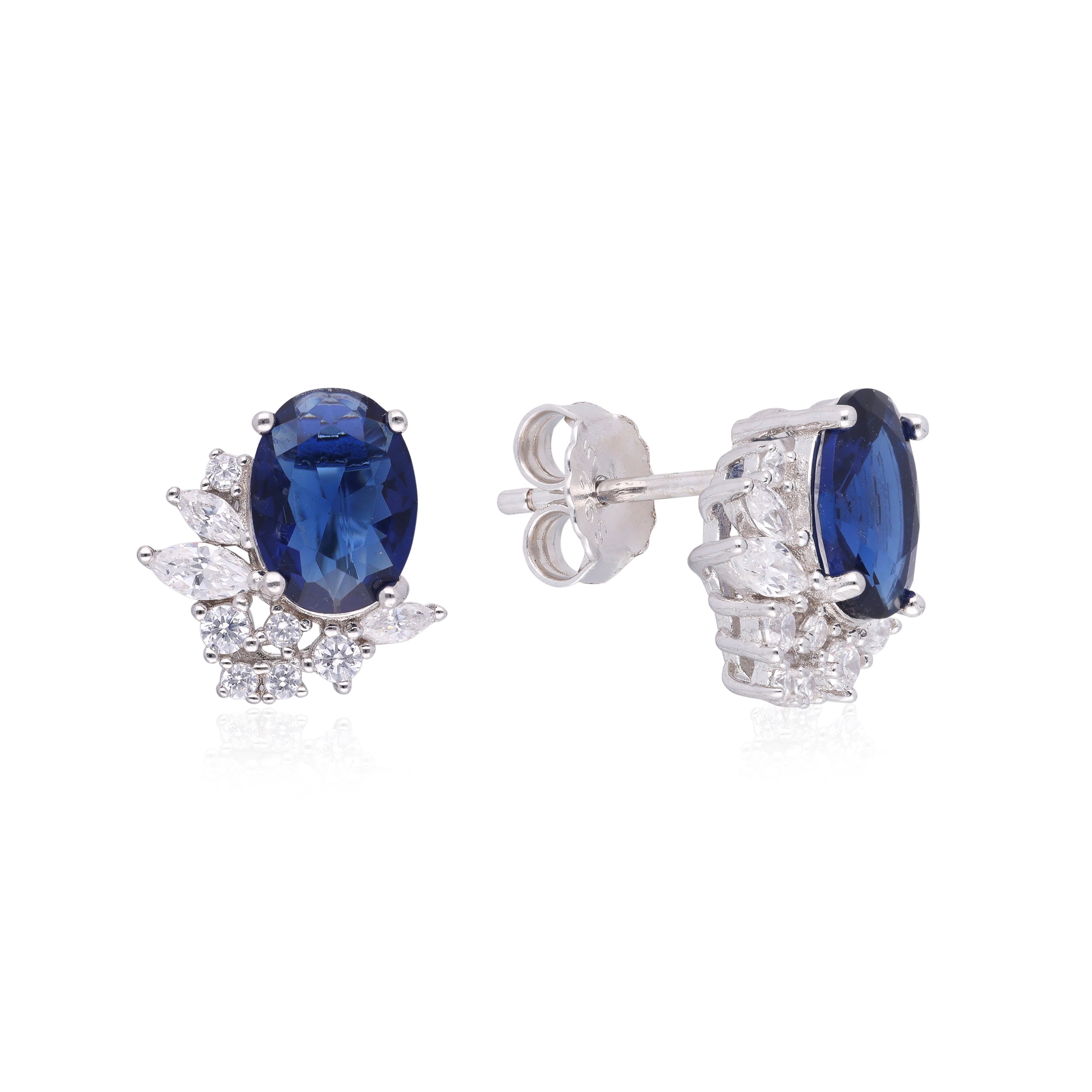 Timeless Glamour: Sterling Silver Oval Gem and Cubic Zirconia Studded Ear Studs | SKU: 0019883939, 0019883946, 0019883991, 0019884011, 0019884028