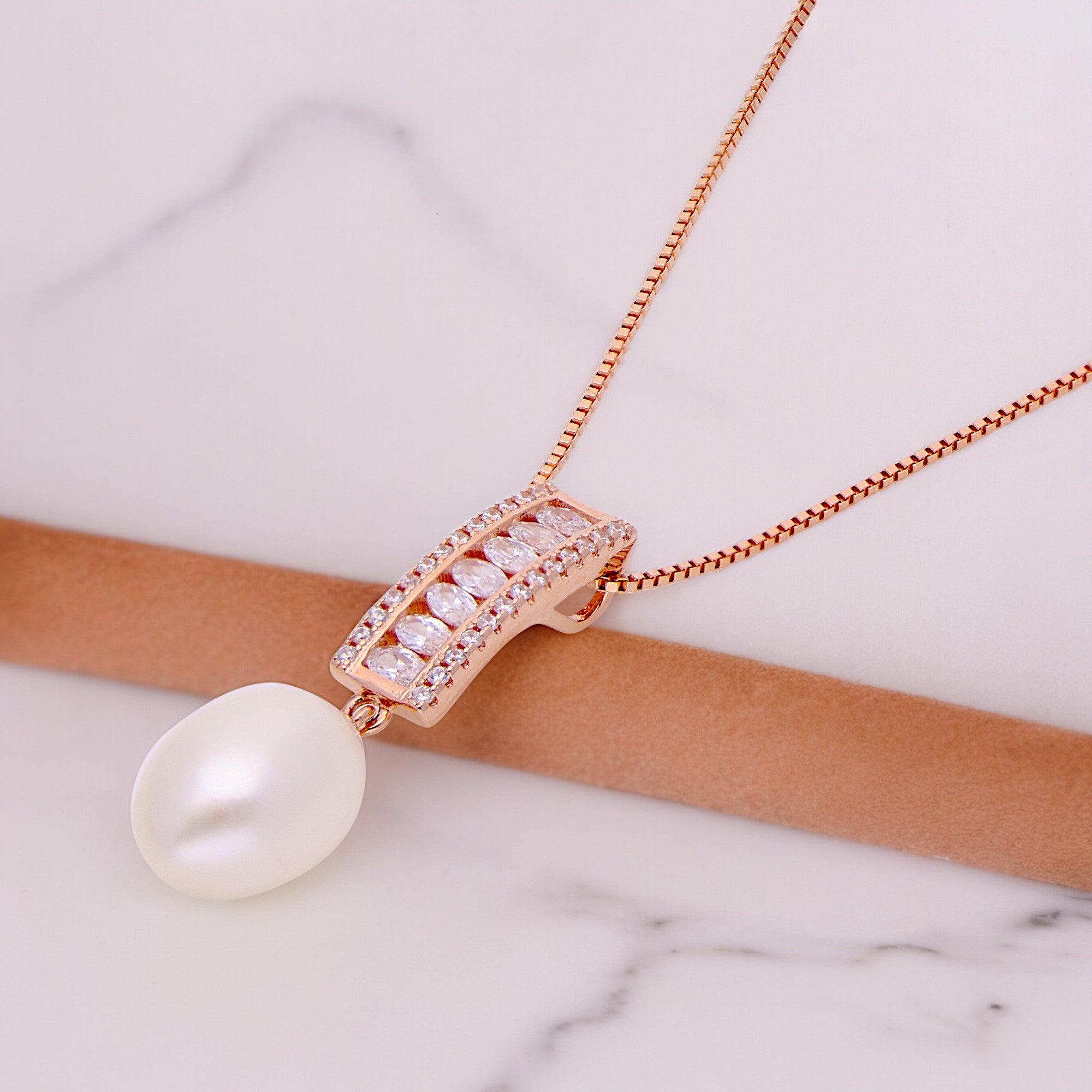 Ethereal Elegance: Fancy Pendant Chain with Cubic Zirconia and Pearl Drop | SKU : 0019884059, 0019884035, 0003115398