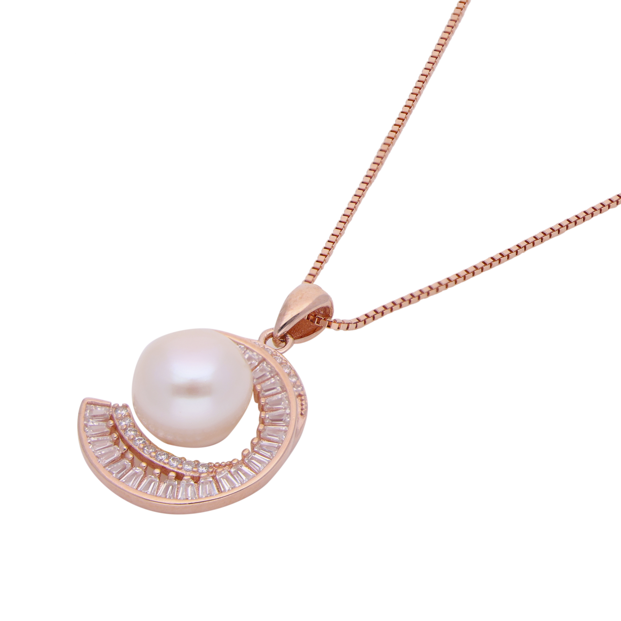 Radiant Rose: Sterling Silver Chain Pendant with Cubic Zirconia and Pearl in Rose Gold | SKU : 0019884097, 0019884073, 0019884134, 0019884110