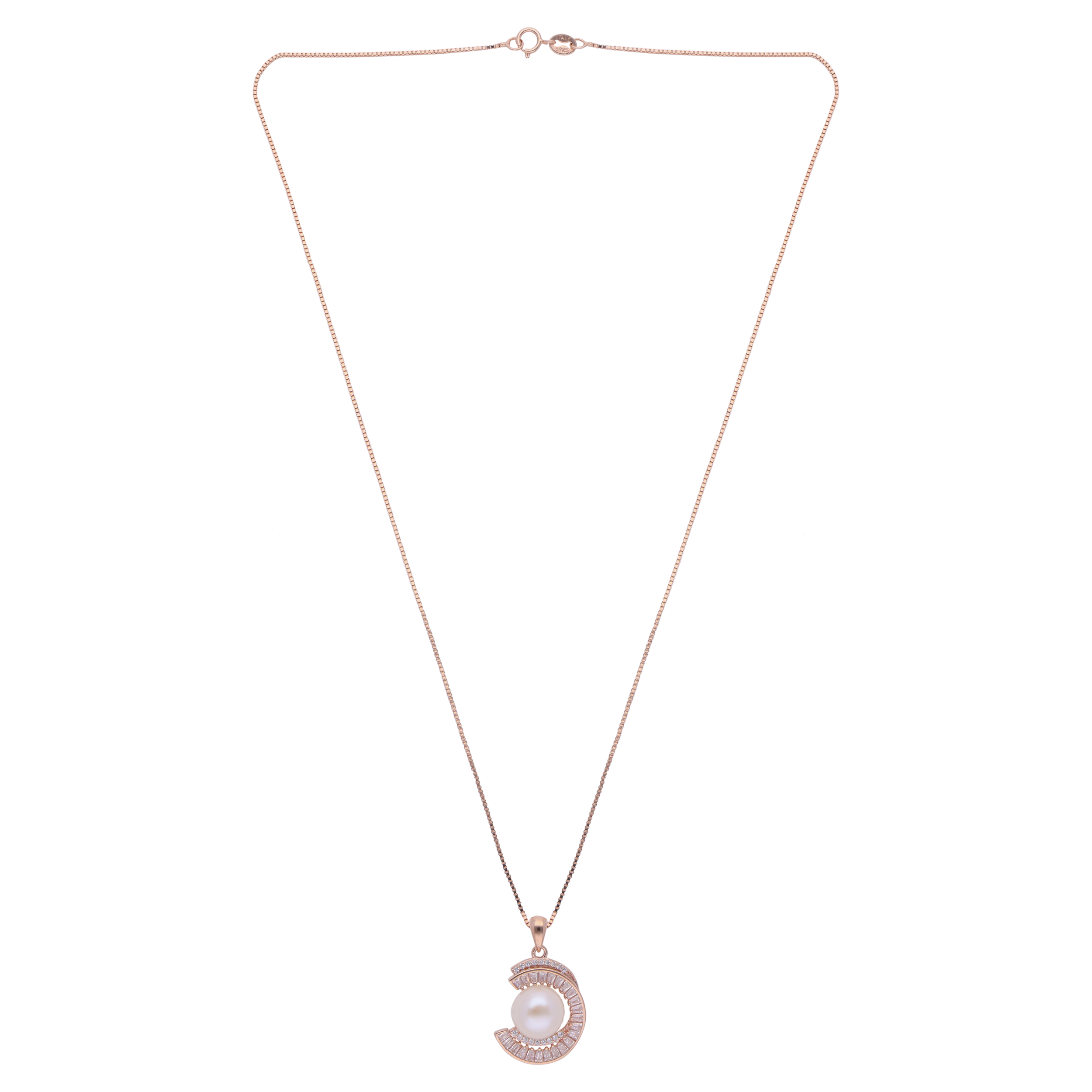 Radiant Rose: Sterling Silver Chain Pendant with Cubic Zirconia and Pearl in Rose Gold | SKU : 0019884097, 0019884073, 0019884134, 0019884110