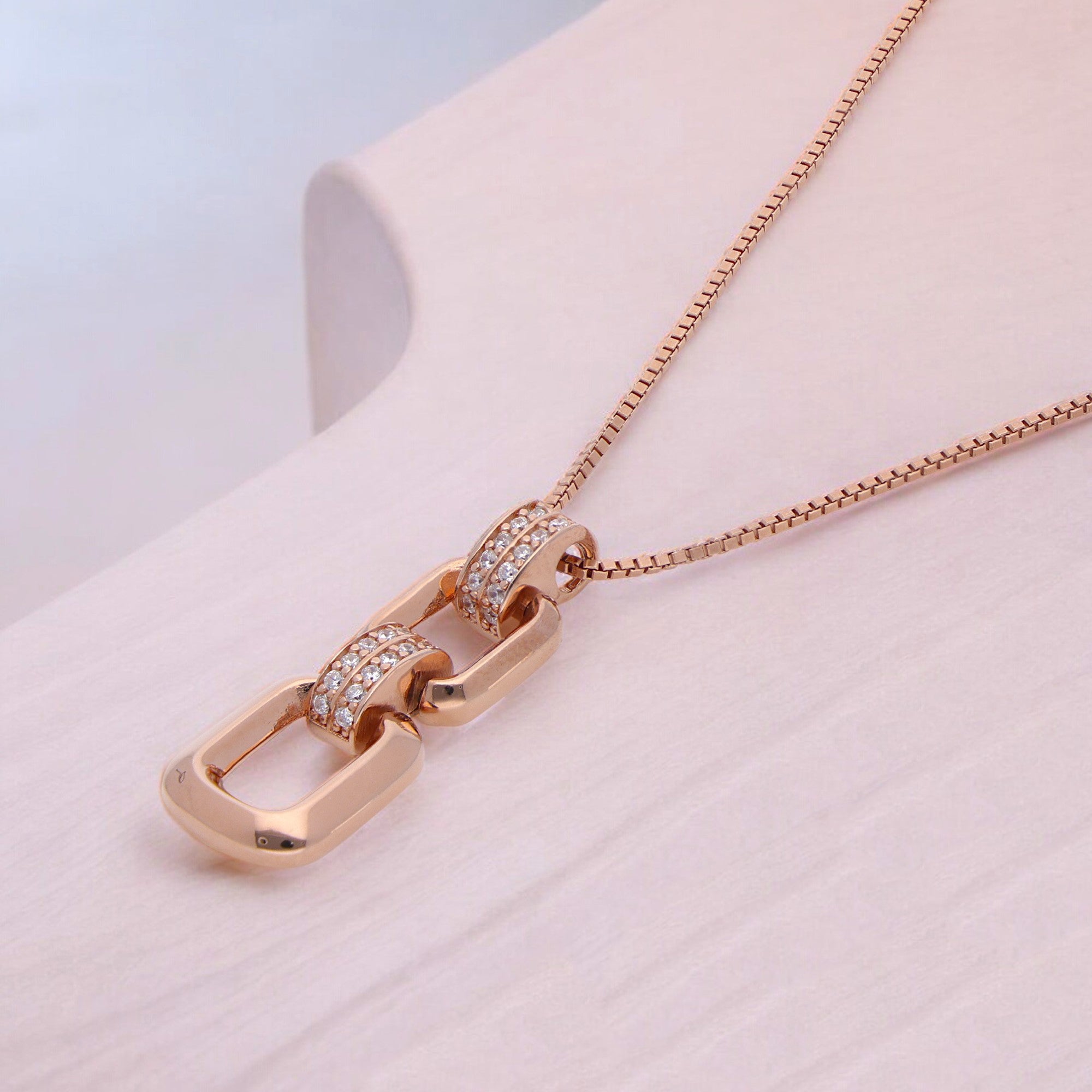 Radiant Rose Gold Interlinked Rectangle Pendant with Cubic Zirconia Accents | SKU : 0019889054, 0019889078, 0003111970 , 0003111932, 0003112014