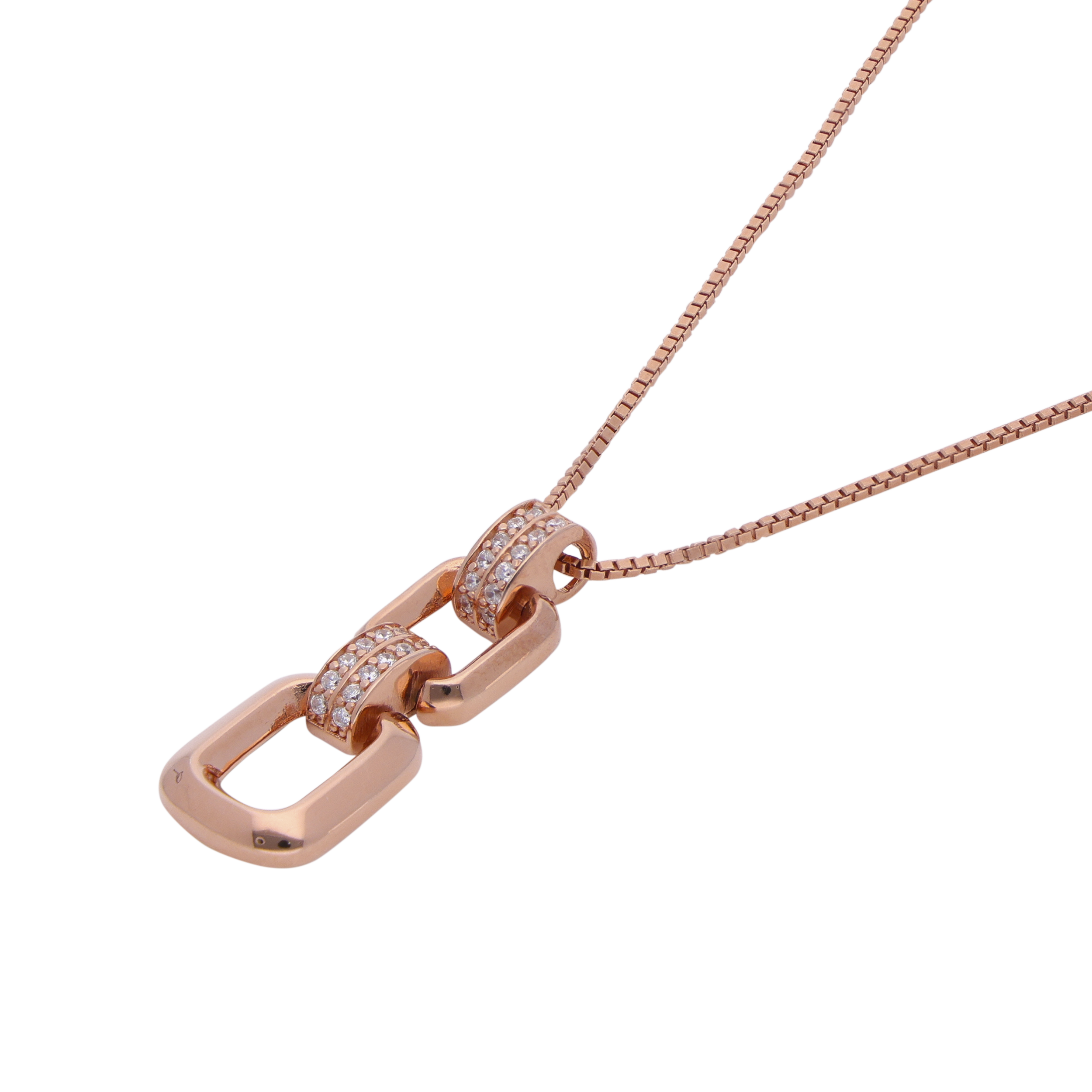 Radiant Rose Gold Interlinked Rectangle Pendant with Cubic Zirconia Accents | SKU : 0019889054, 0019889078